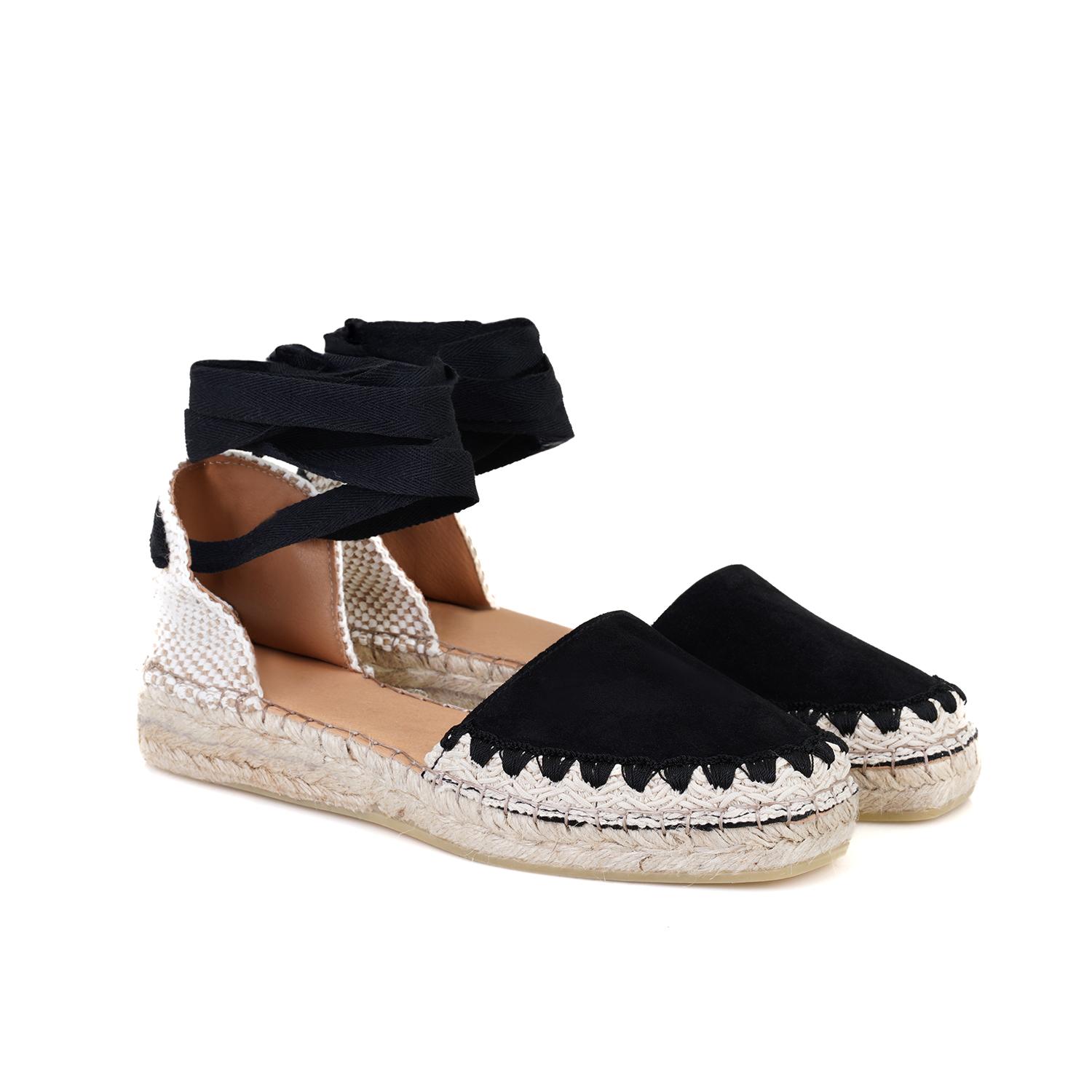 Kadın Siyah Deri Espadril Sandalet