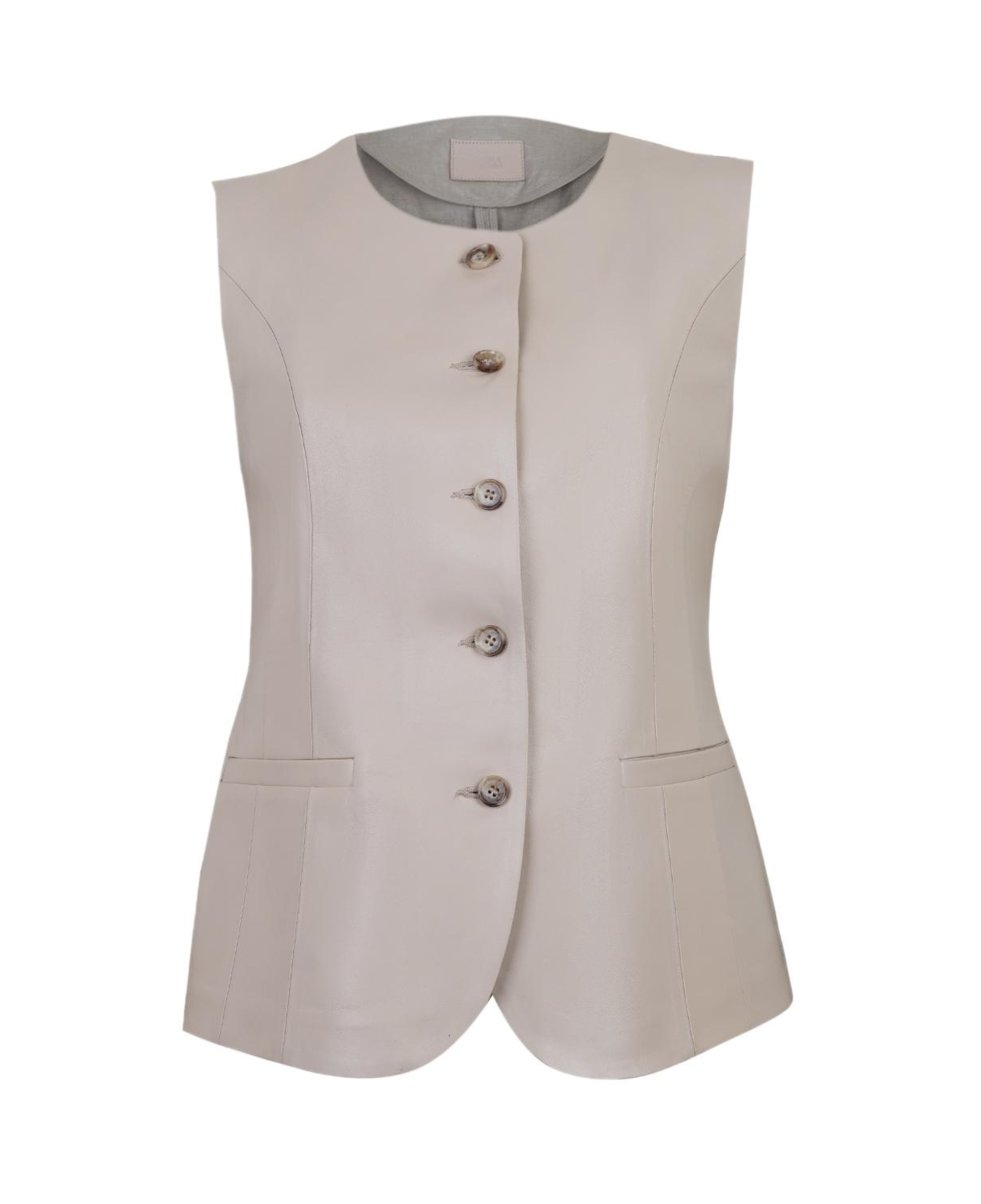 Siena Bej Kadın Deri Keten Yelek/Bluz