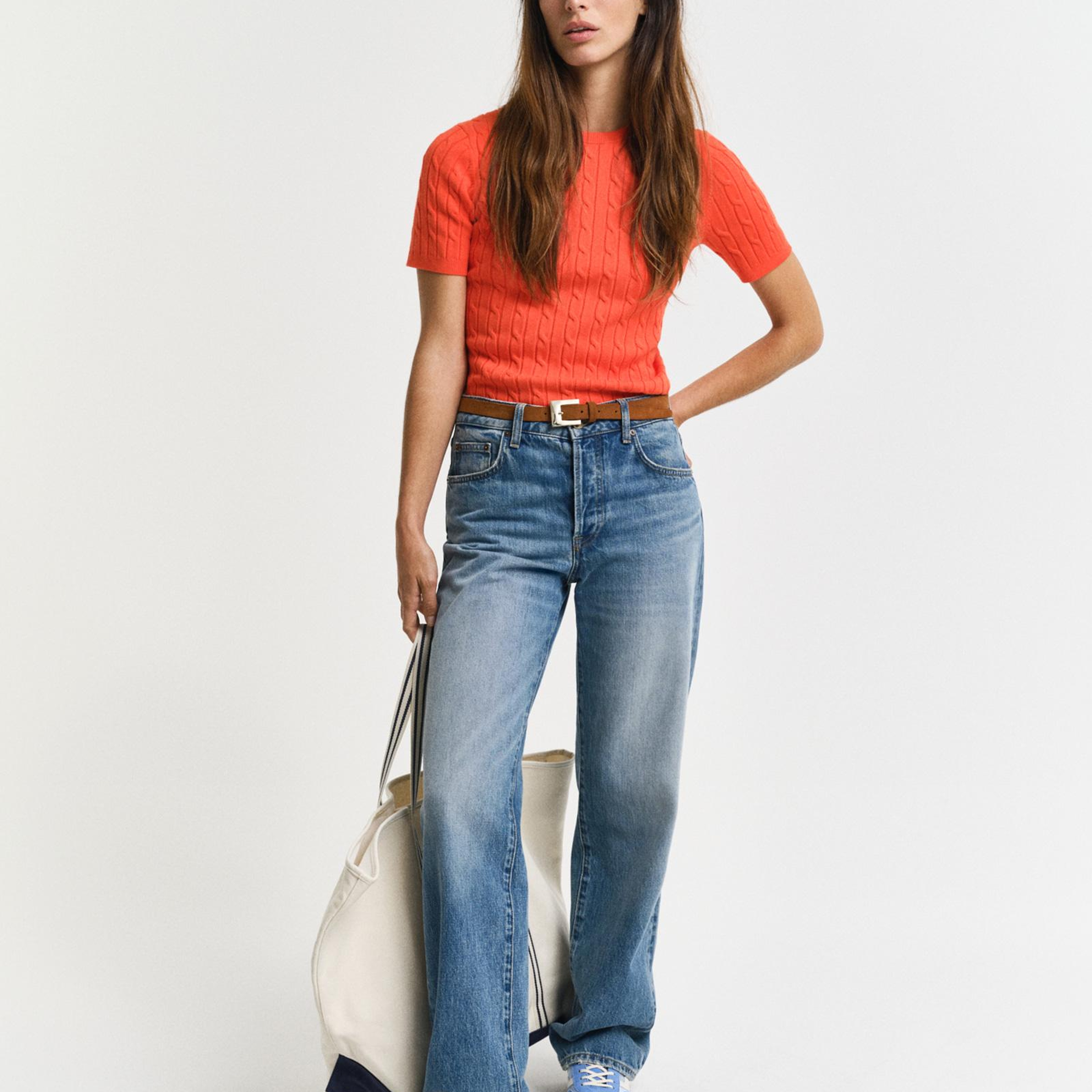 GANT Kadın Turuncu Slim Fit Bisiklet Yaka Kısa Kollu Kazak