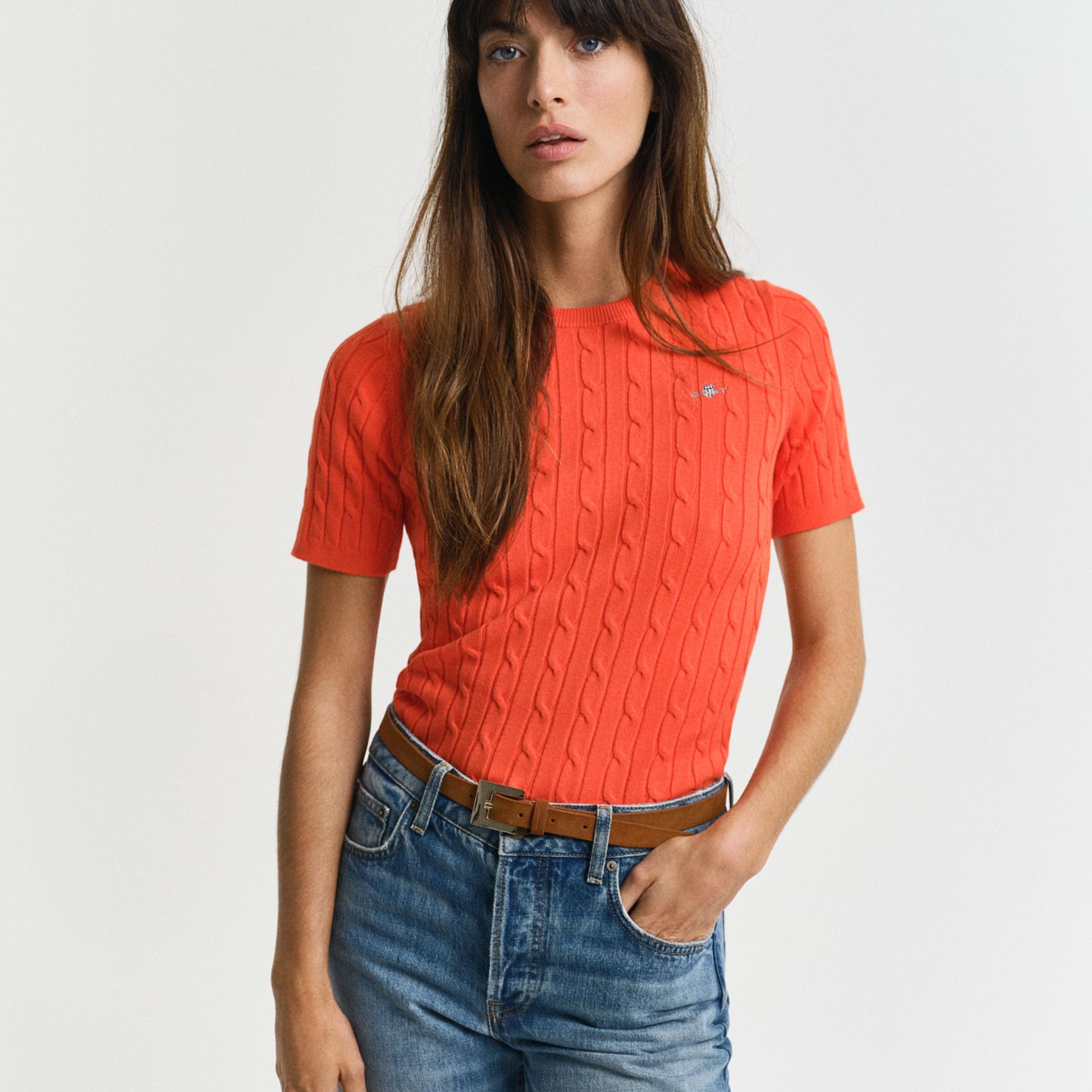 GANT Kadın Turuncu Slim Fit Bisiklet Yaka Kısa Kollu Kazak