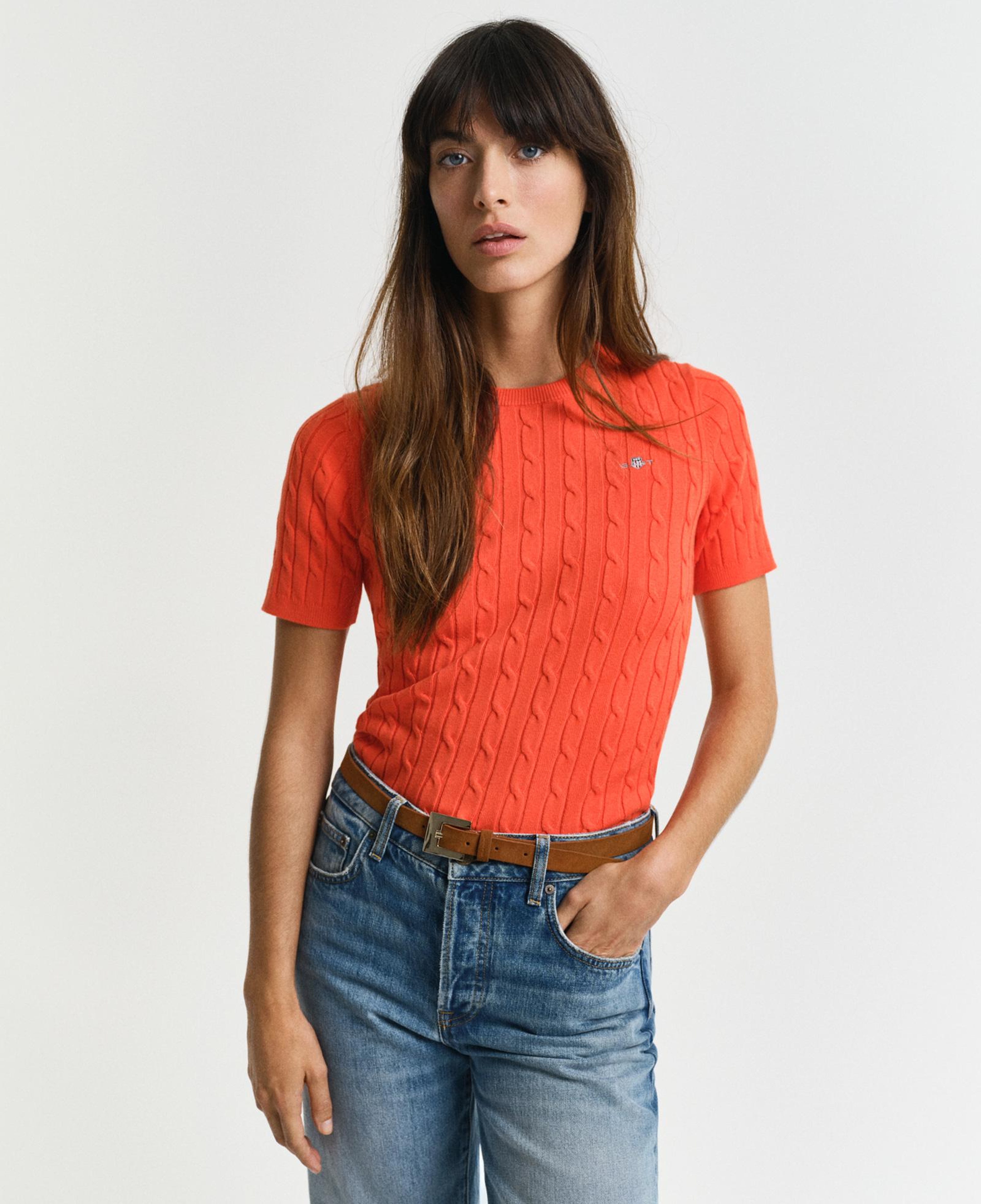 GANT Kadın Turuncu Slim Fit Bisiklet Yaka Kısa Kollu Kazak