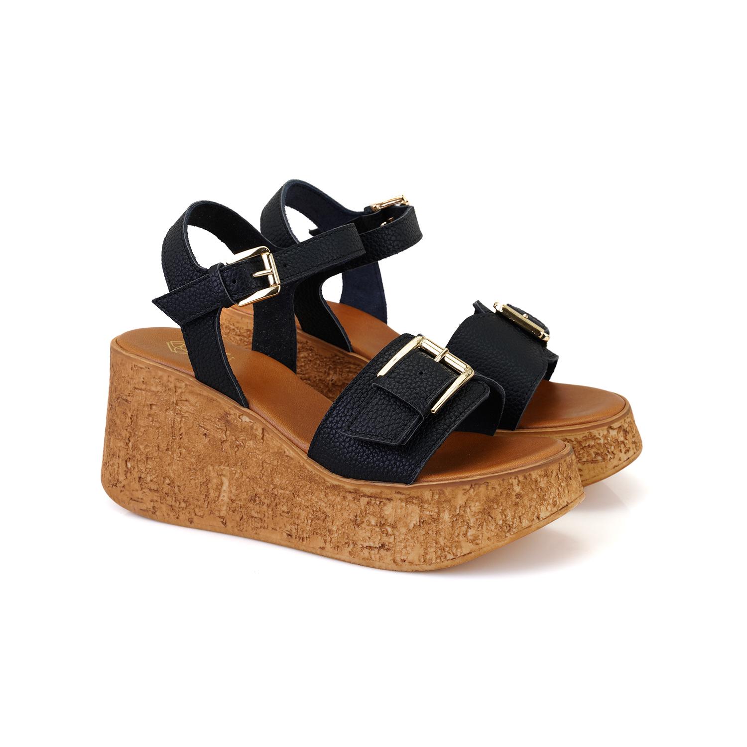 Kadın Siyah Topuklu Deri Sandalet