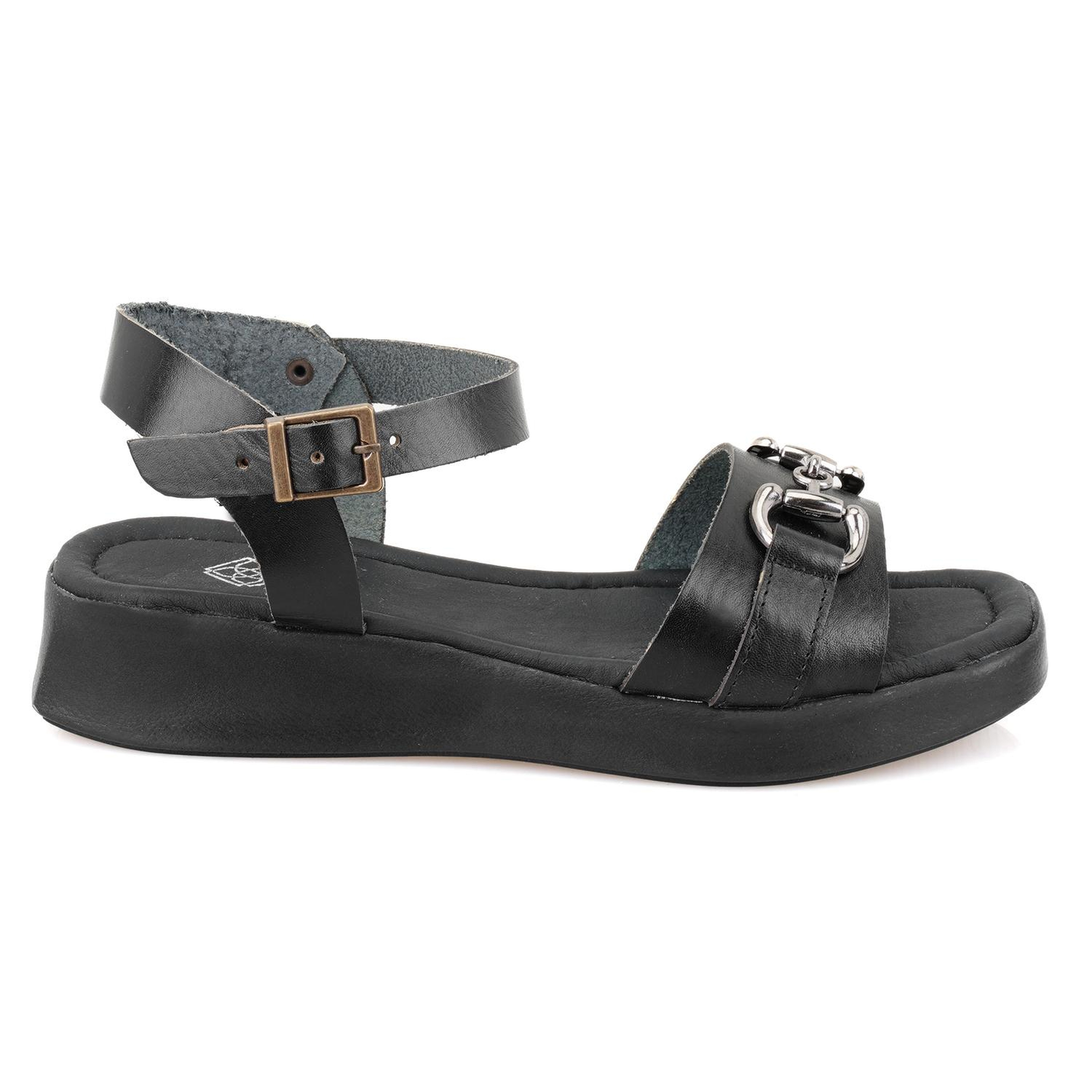 Kadın Siyah Ayarlanabilir Tokalı Deri Sandalet