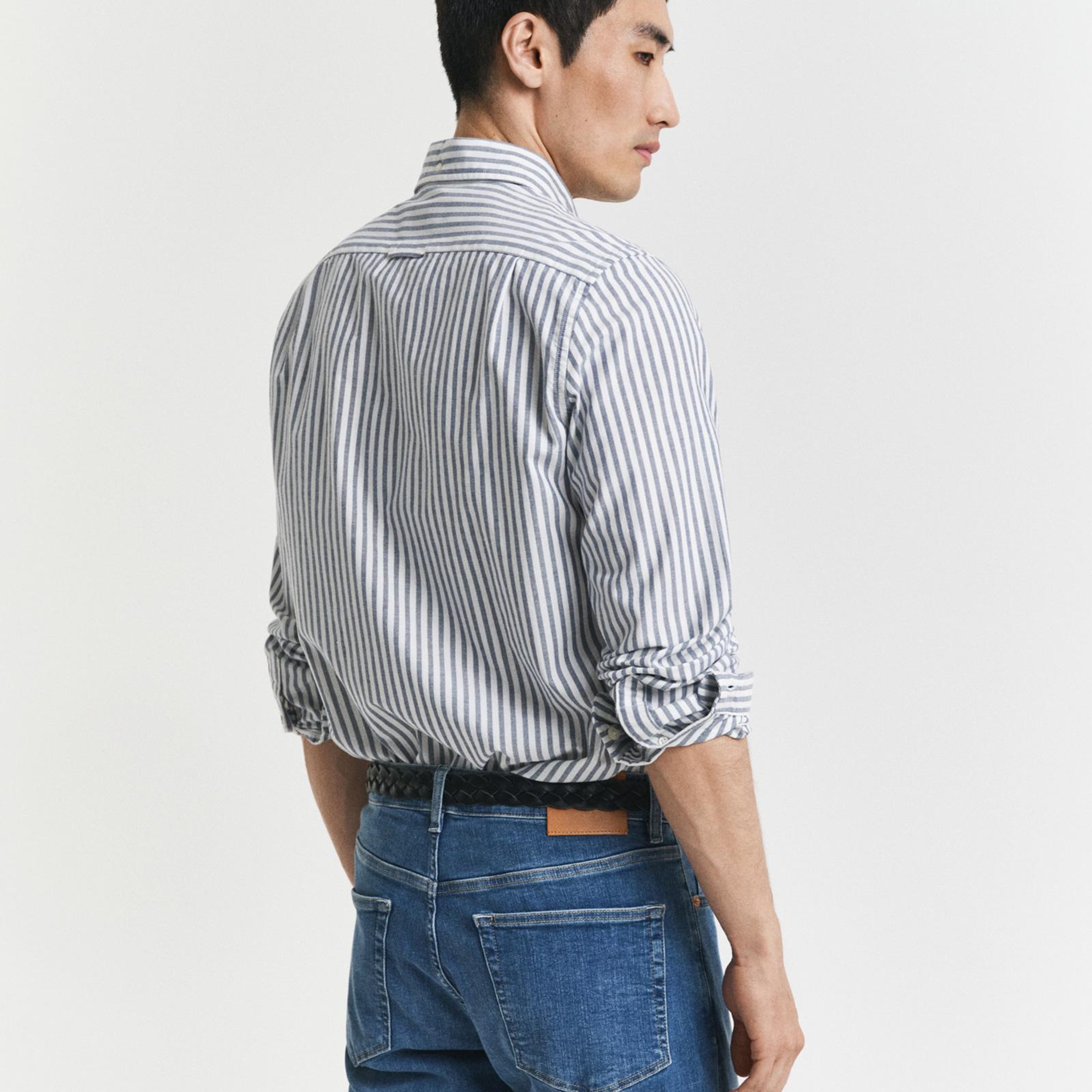 GANT Erkek Mavi Slim Fit Düğmeli Yaka Çizgili Oxford Gömlek