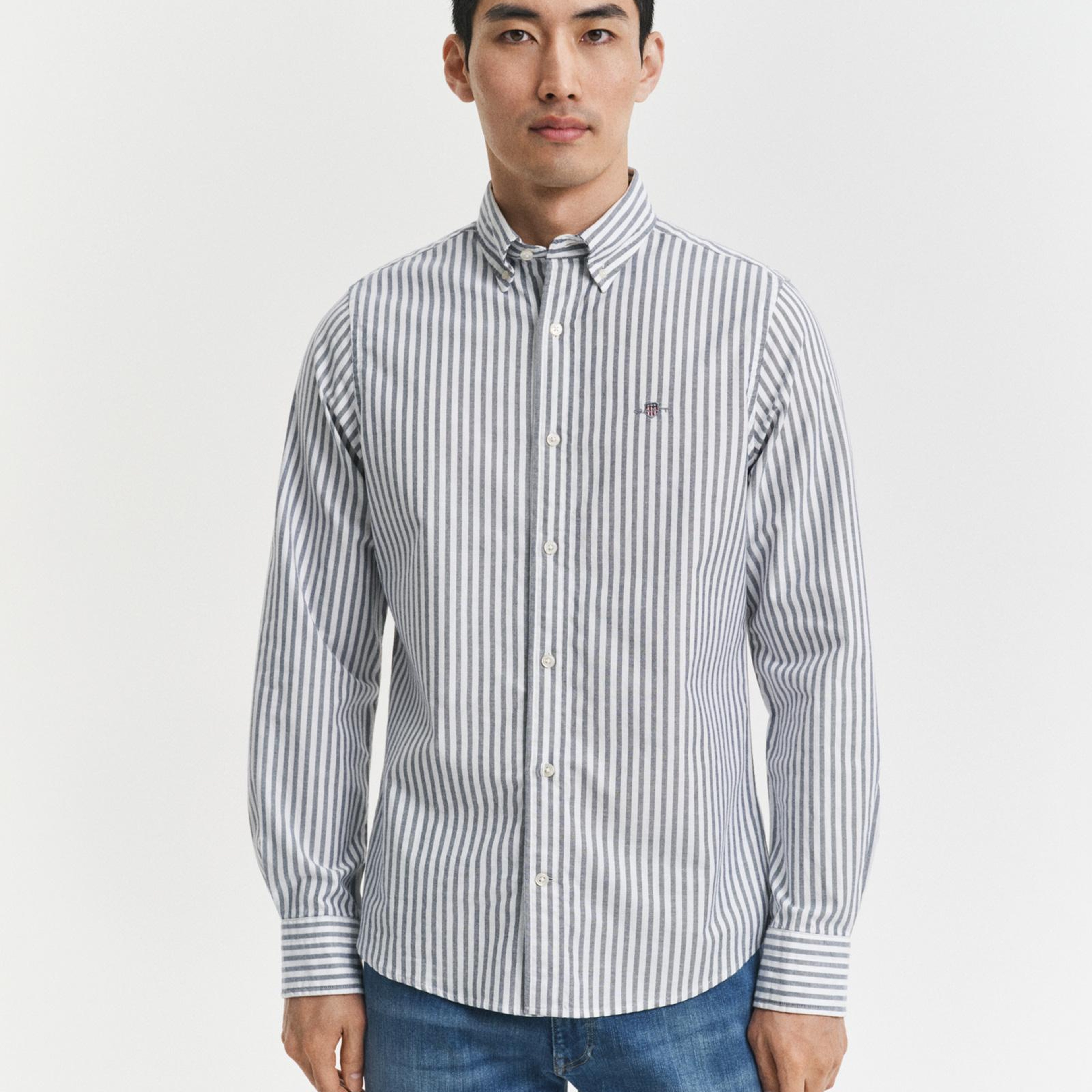 GANT Erkek Mavi Slim Fit Düğmeli Yaka Çizgili Oxford Gömlek