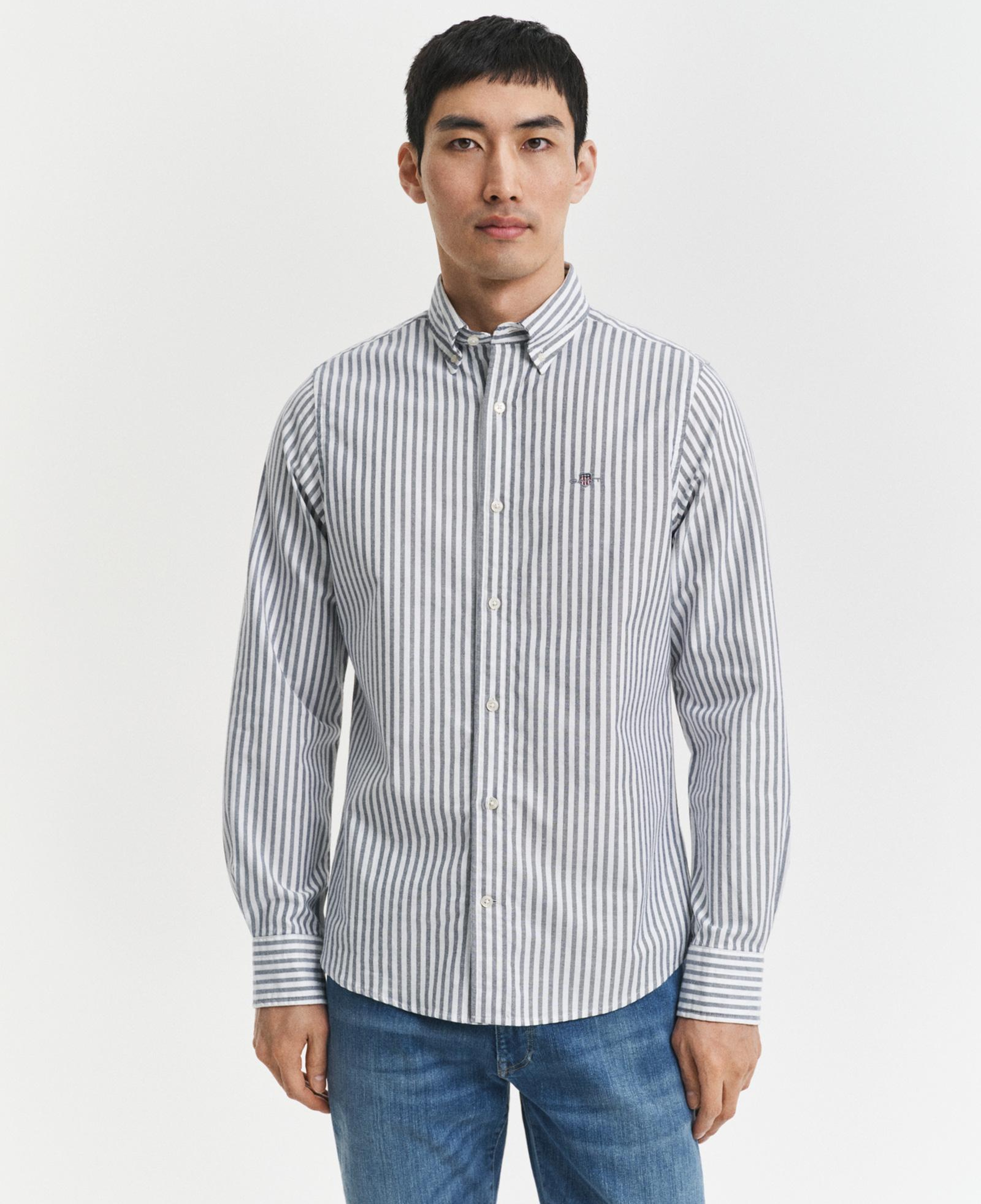 GANT Erkek Mavi Slim Fit Düğmeli Yaka Çizgili Oxford Gömlek