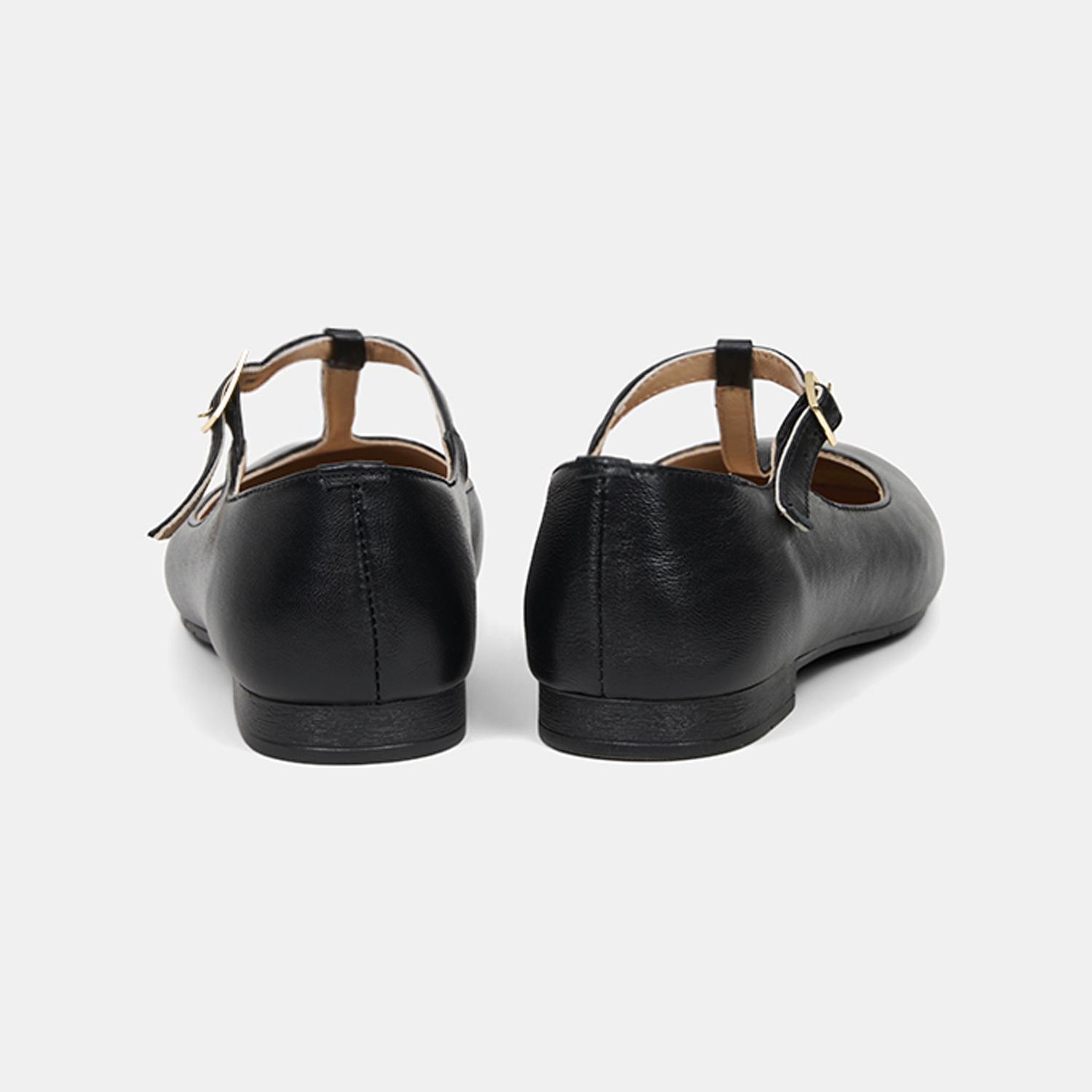 Kadın Siyah Ayarlanabilir Tokalı T-Bant Deri Babet