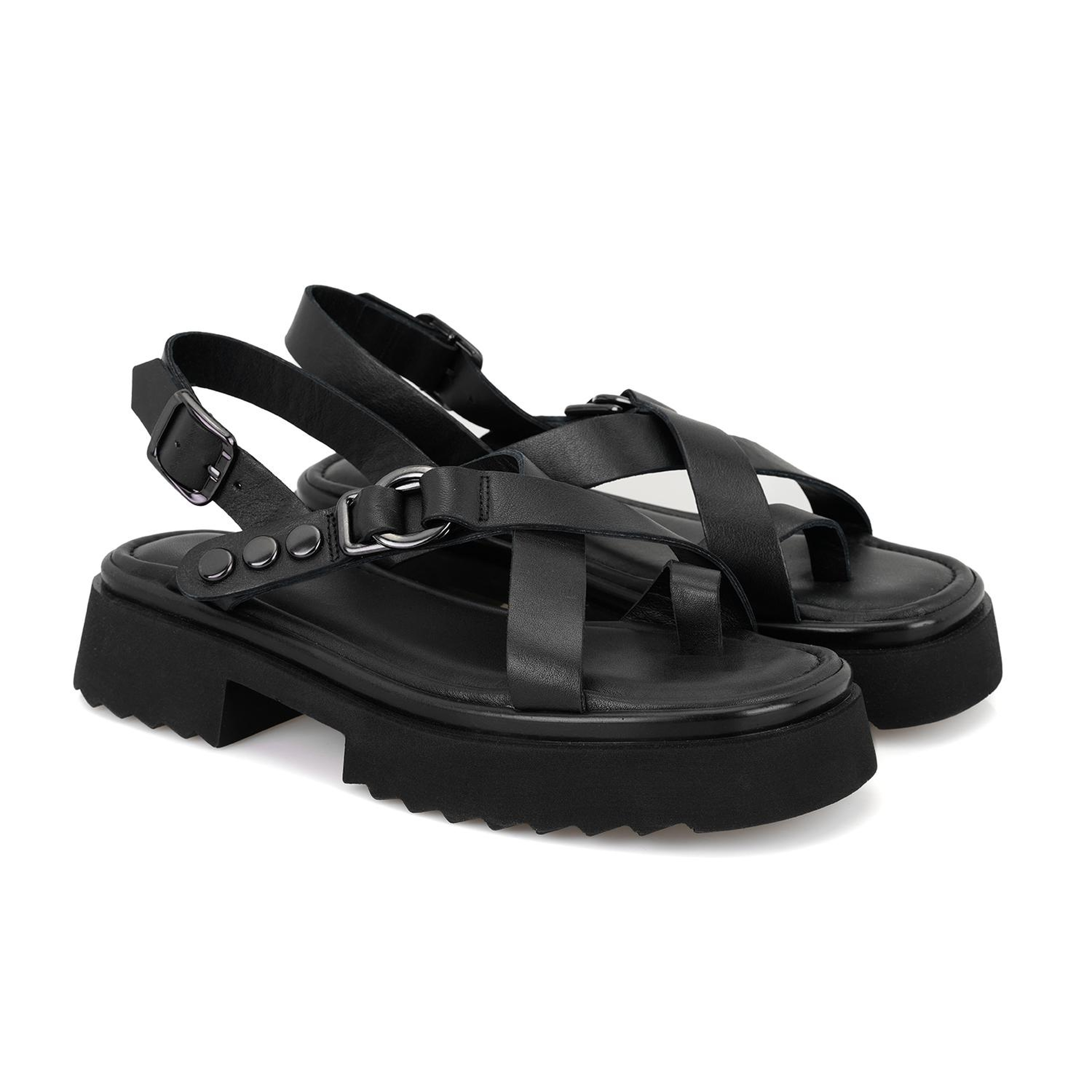 Kadın Siyah Ayarlanabilir Tokalı Deri Sandalet