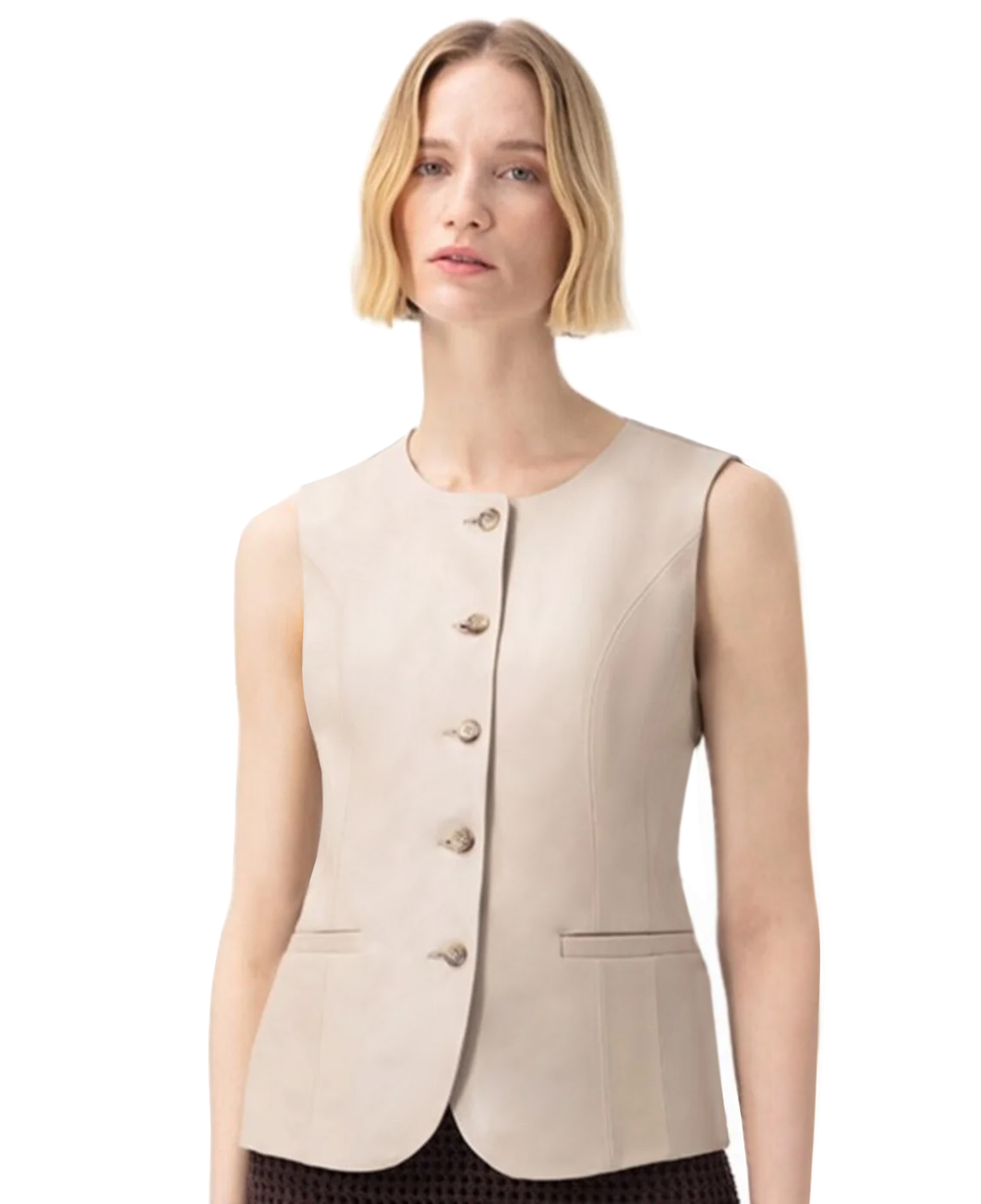 Siena Bej Kadın Deri Keten Yelek/Bluz