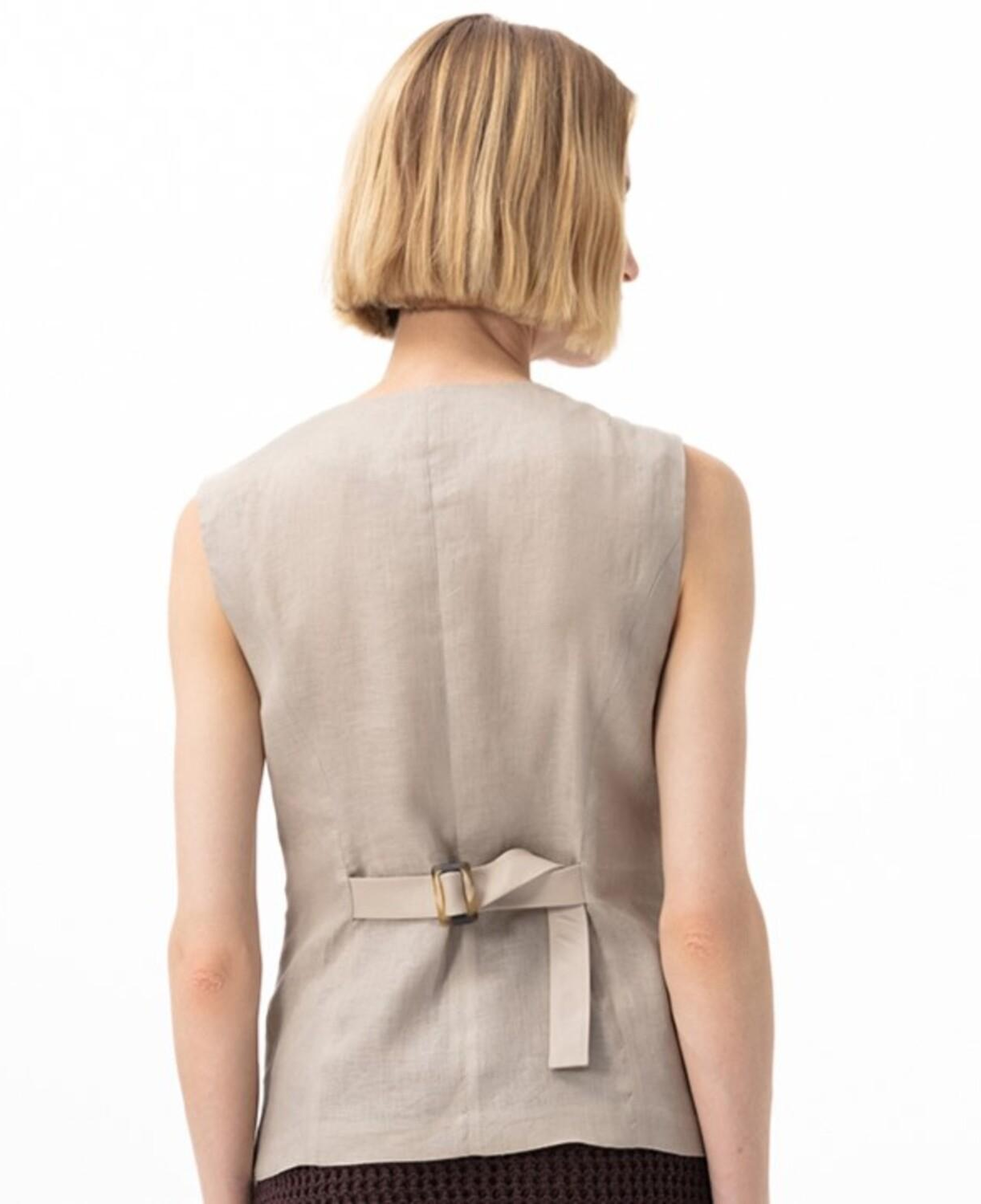 Siena Bej Kadın Deri Keten Yelek/Bluz