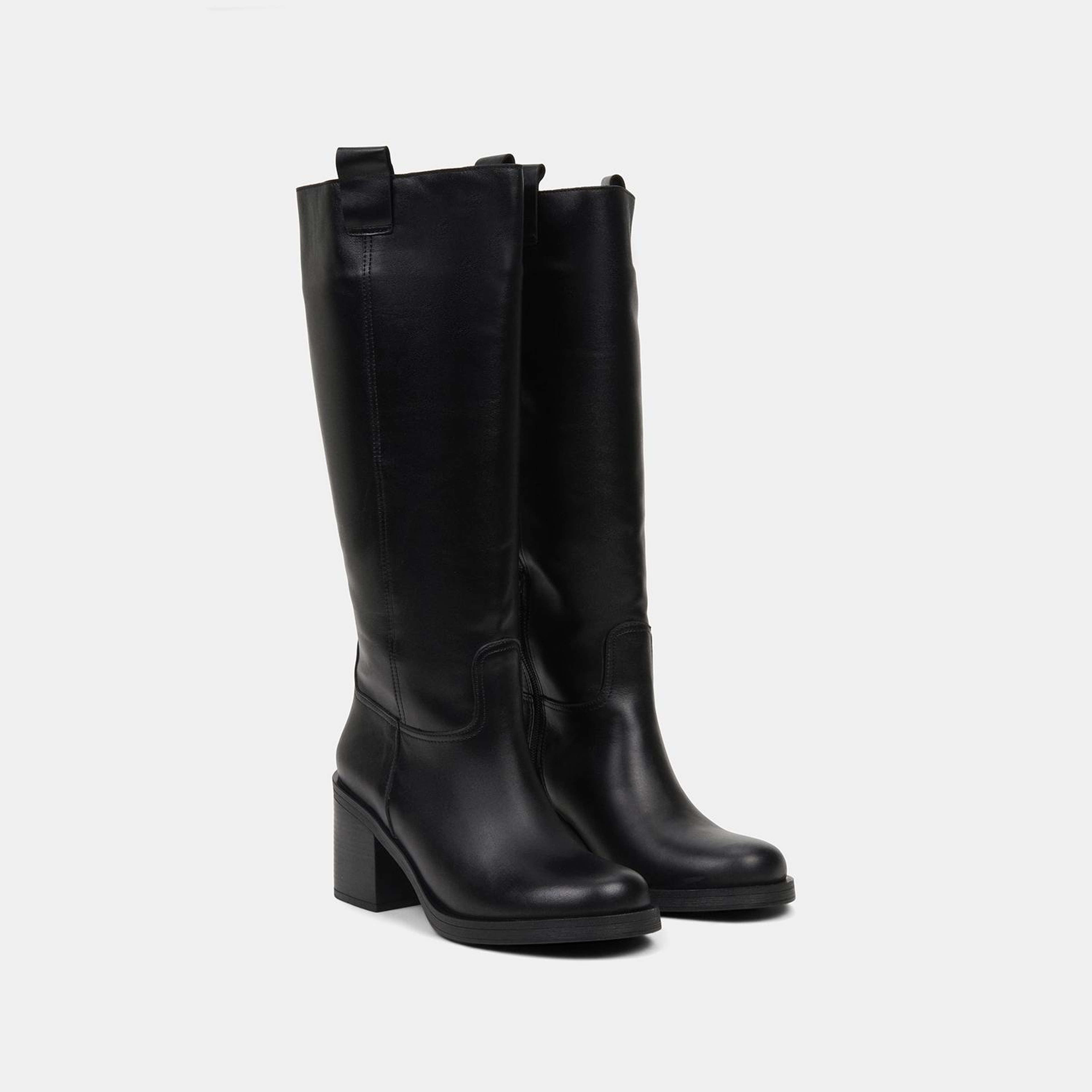Kadın Siyah Kalın Topuklu Deri Çizme