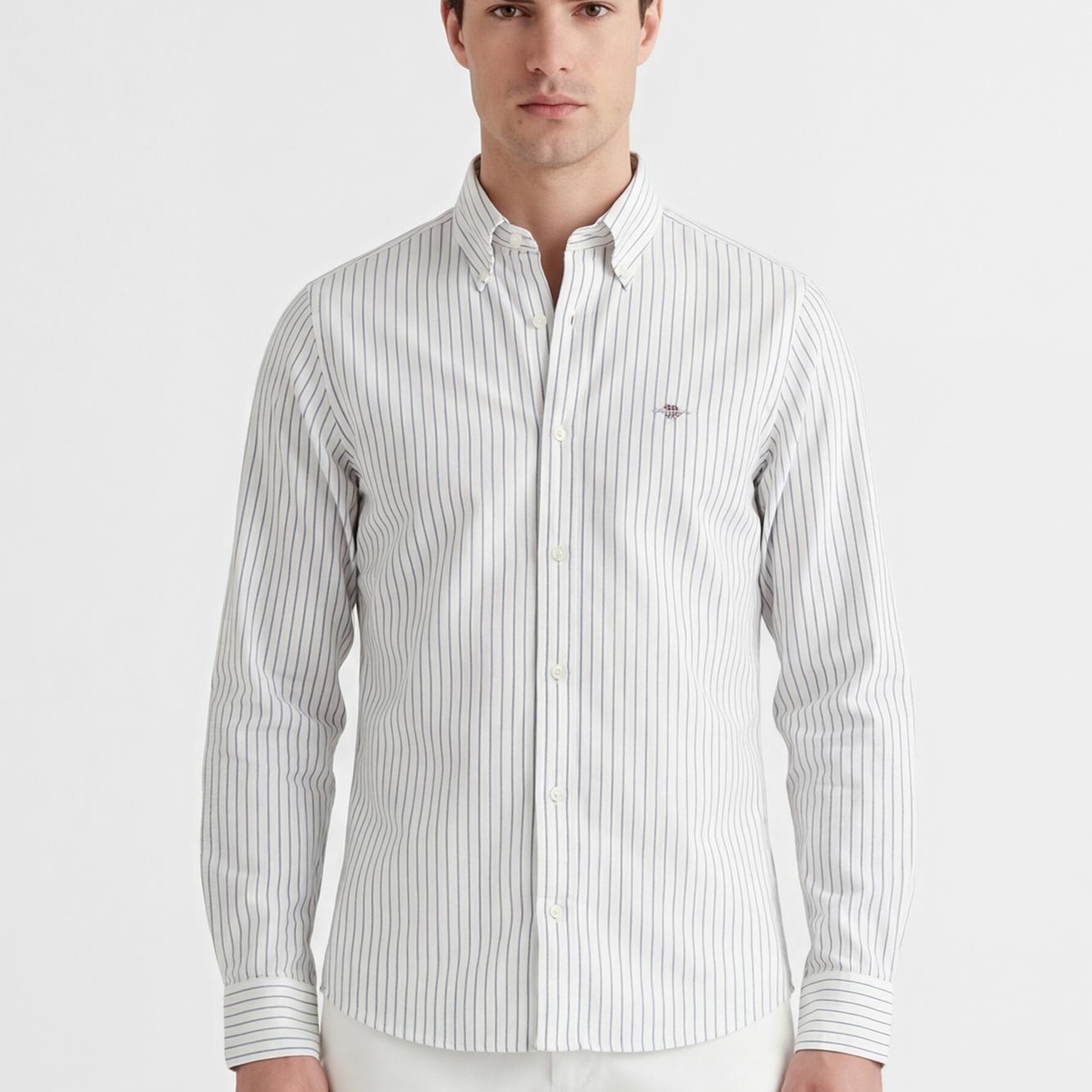 GANT Erkek Beyaz Slim Fit Çizgili Logolu Gömlek