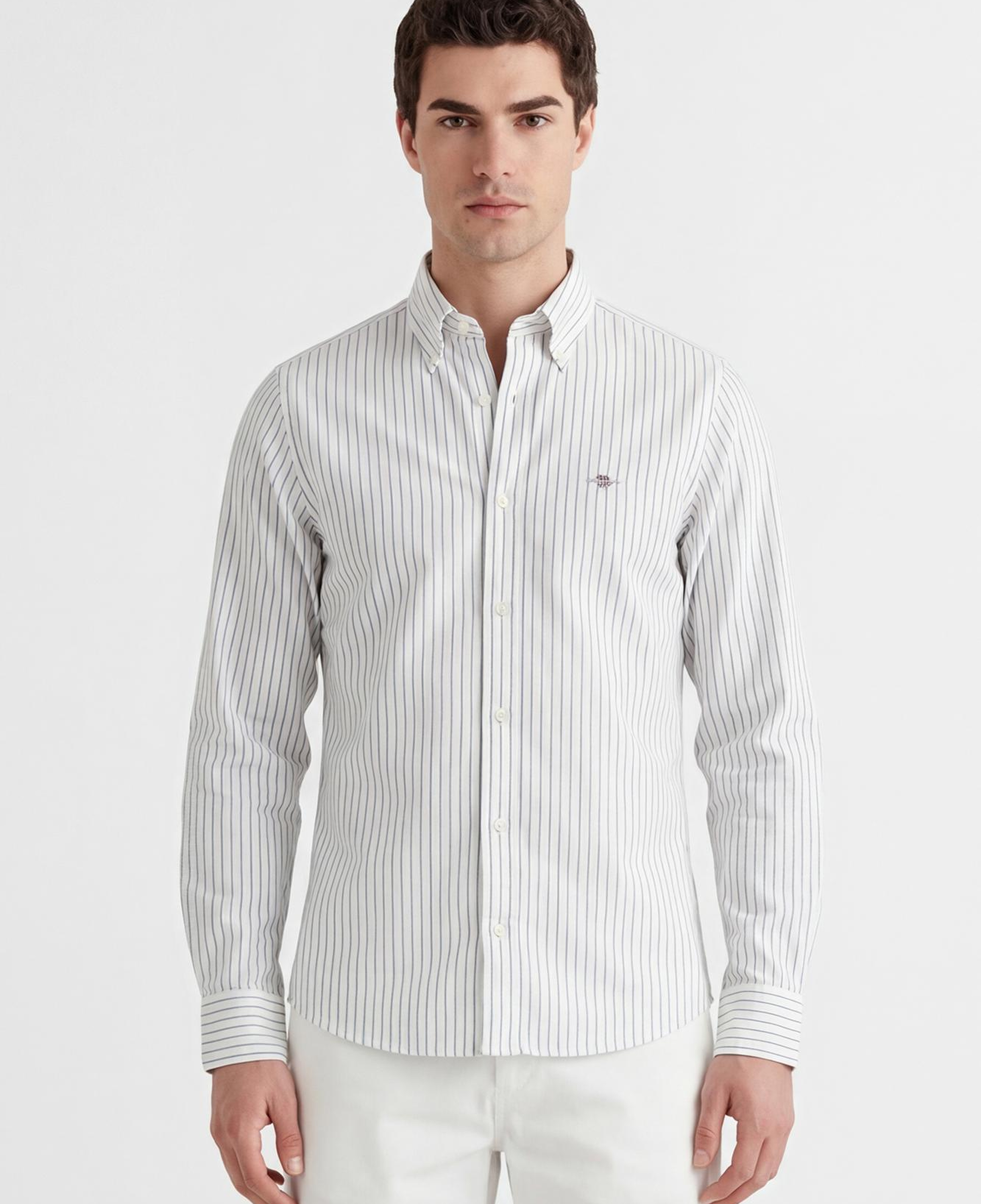 GANT Erkek Beyaz Slim Fit Çizgili Logolu Gömlek