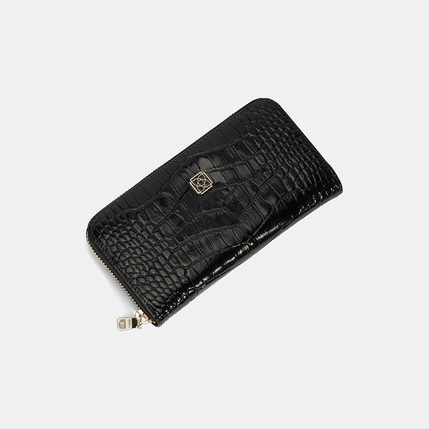 Kadın Siyah Kroko Baskılı Deri Cüzdan