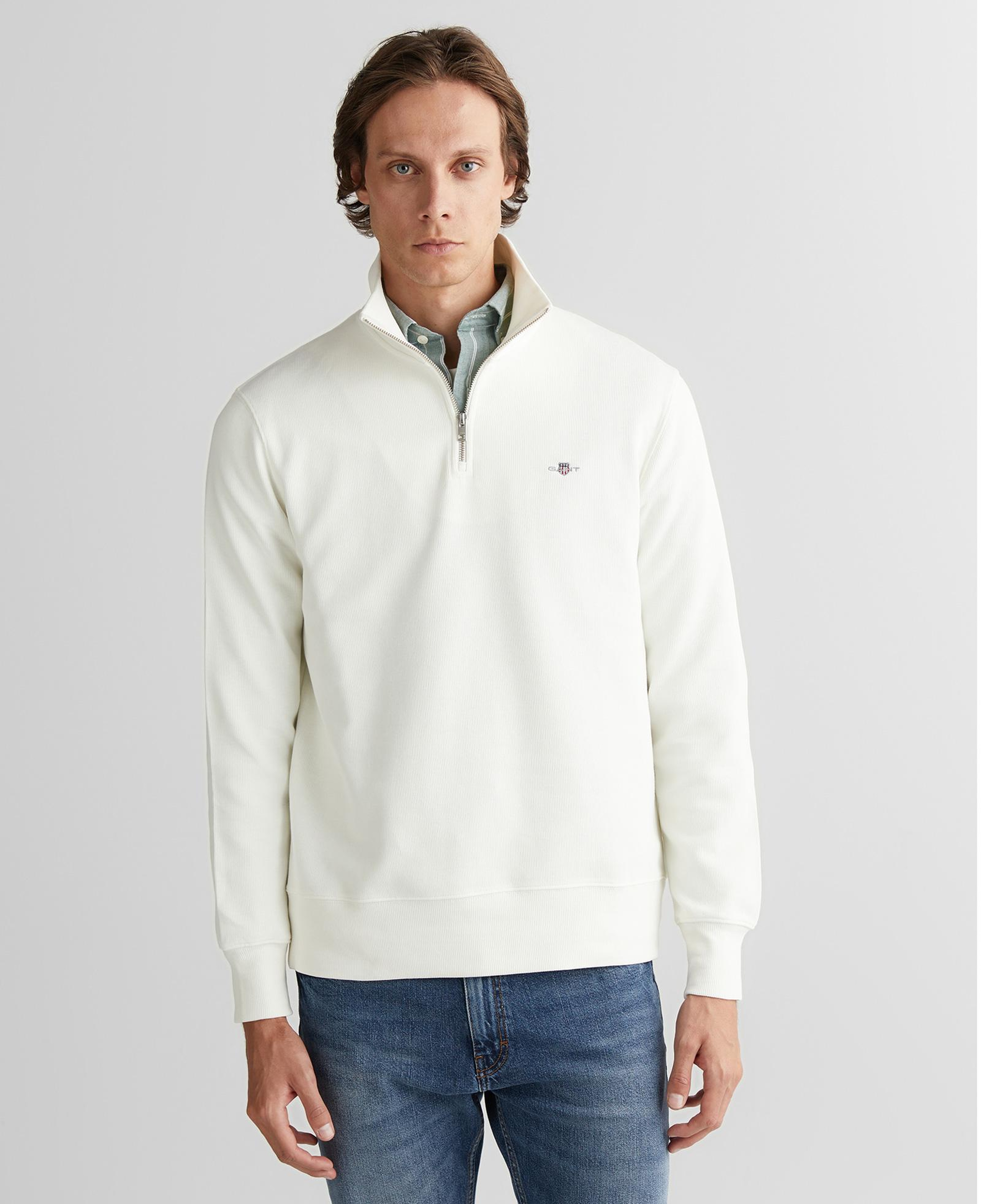 GANT Erkek Beyaz Regular Fit Yarım Fermuarlı Sweatshirt