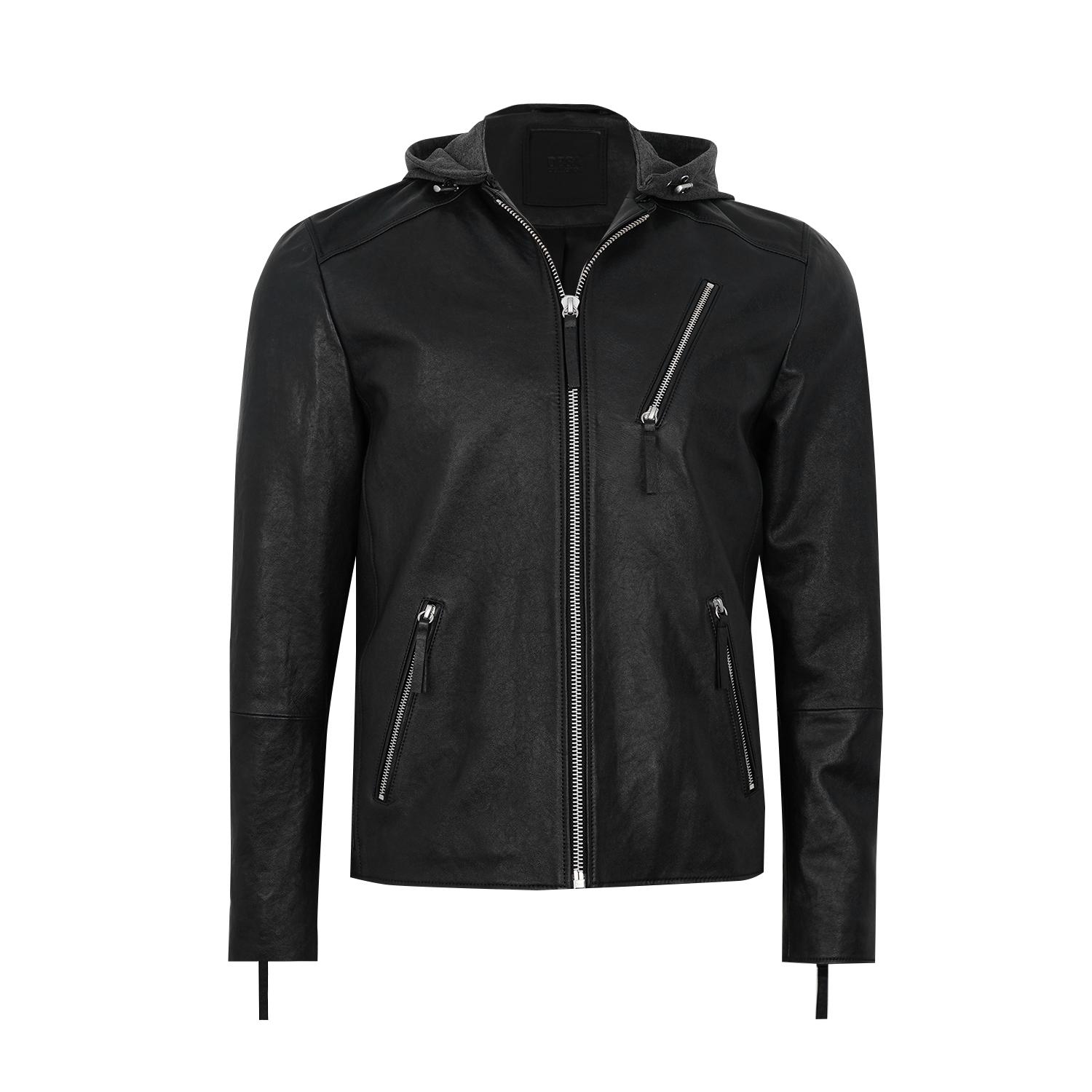 Aimone Siyah Erkek Kapüşonlu Deri Ceket