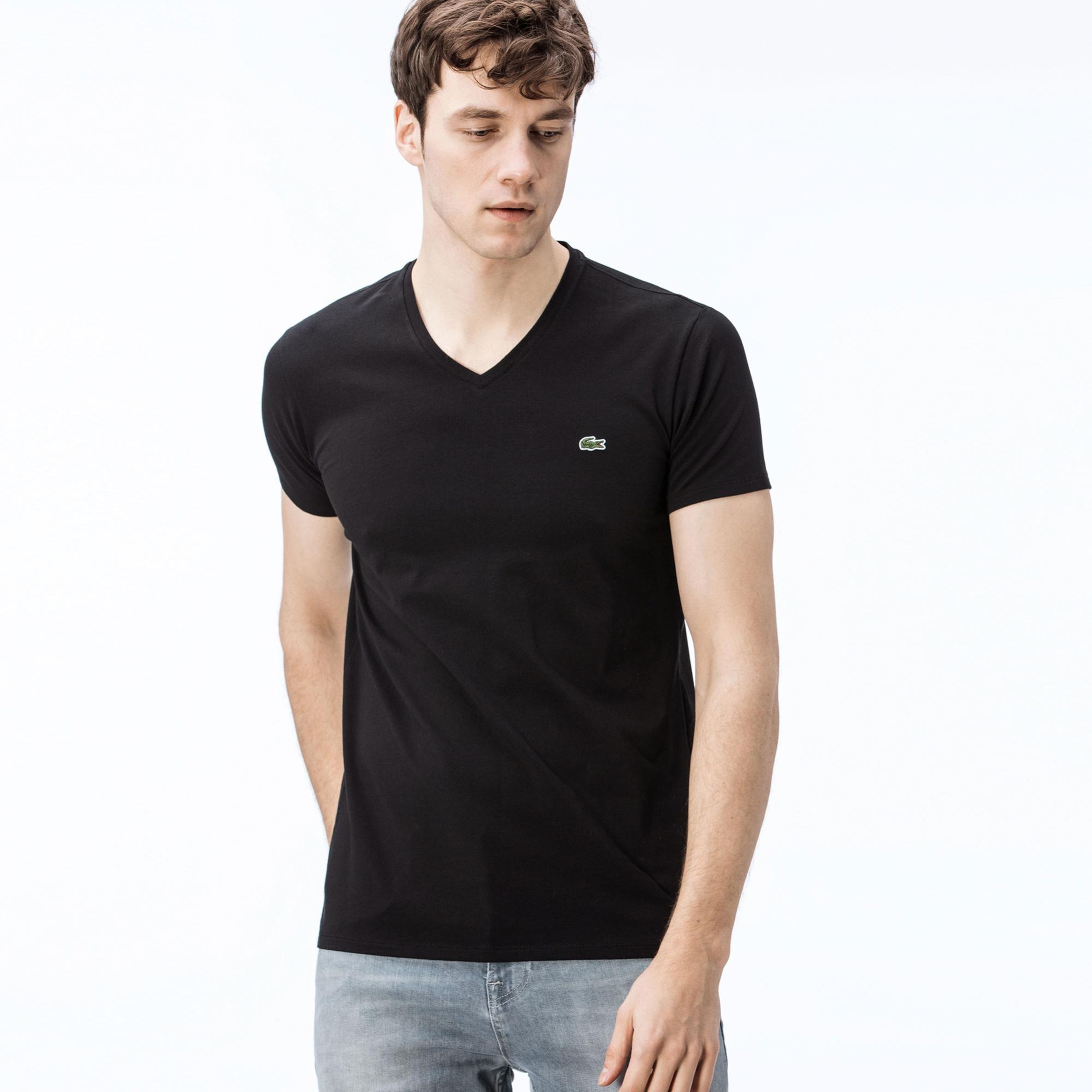 Erkek Slim Fit V Yaka Siyah T-Shirt