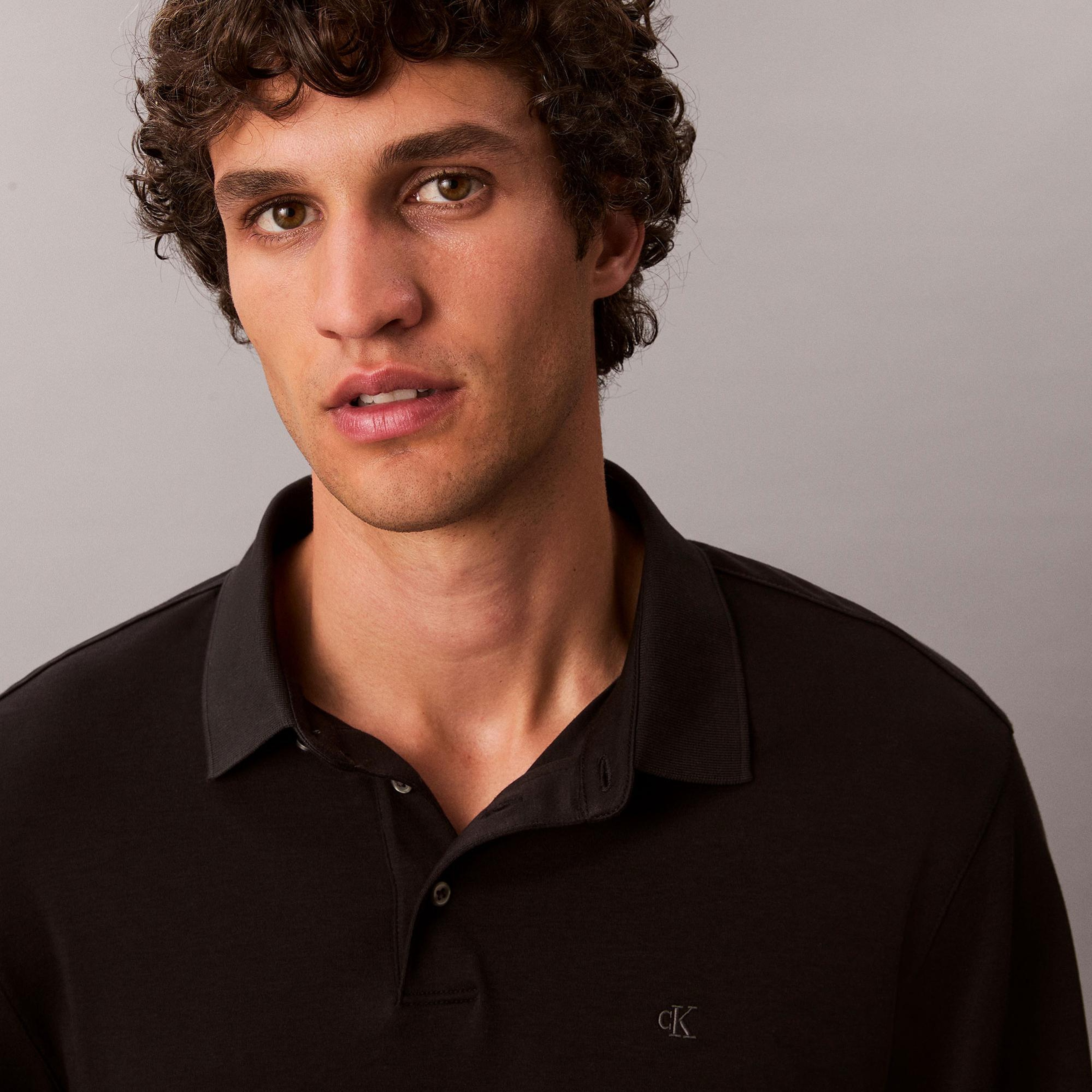 Calvin Klein Supima Cotton Solid Erkek Siyah Uzun Kollu Polo