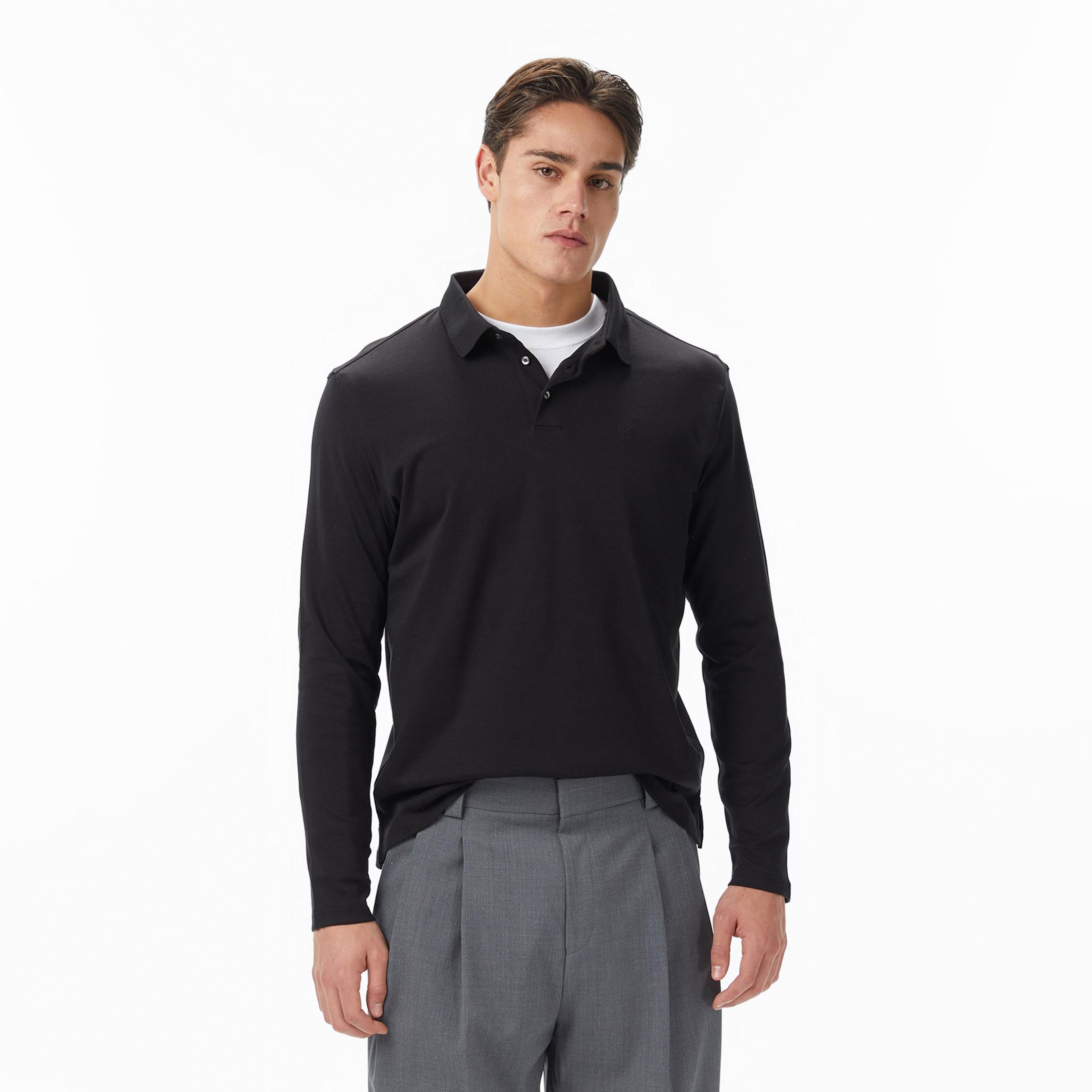 Calvin Klein Supima Cotton Solid Erkek Siyah Uzun Kollu Polo
