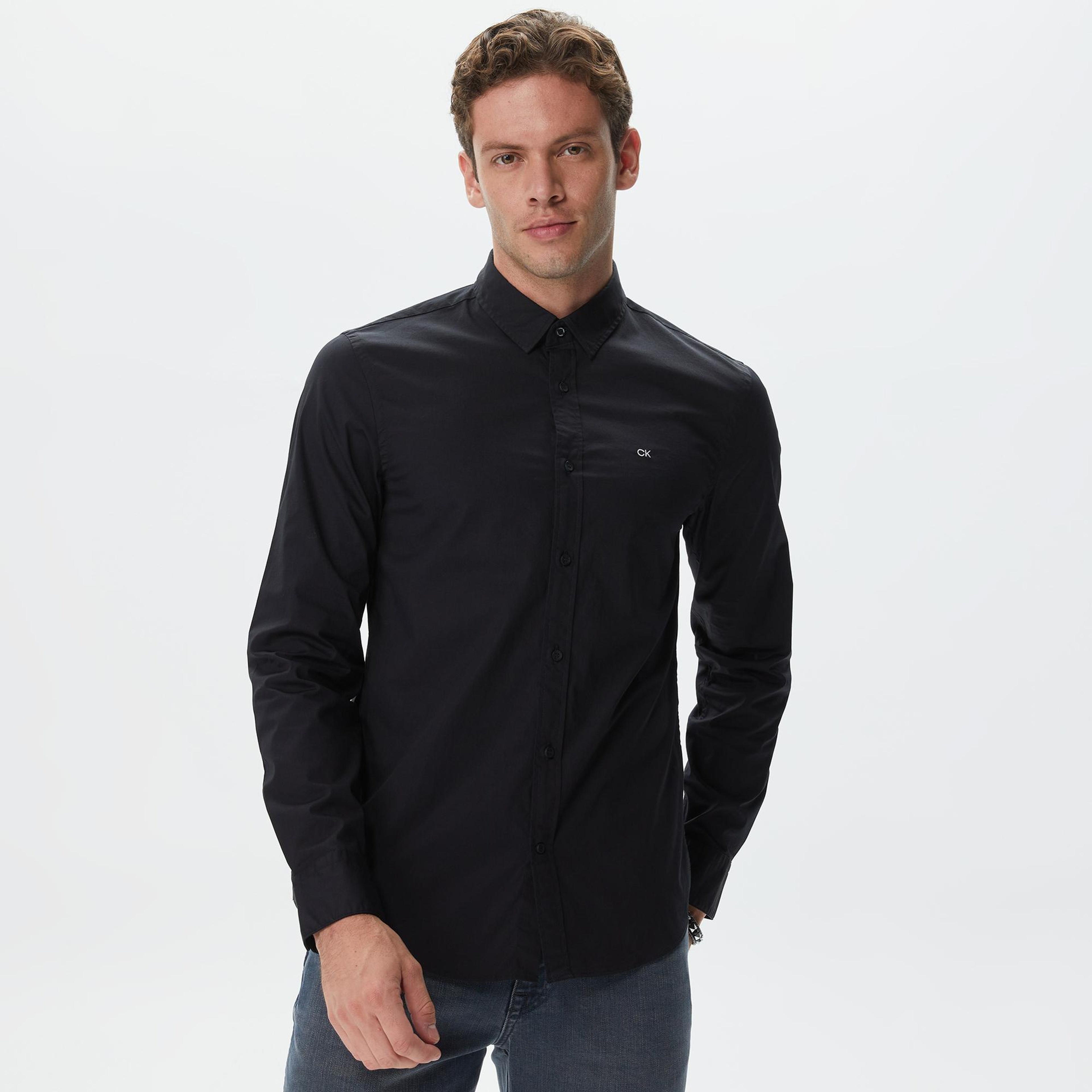 Calvin Klein Stretch Poplin Slim Shirt Erkek Siyah Gömlek
