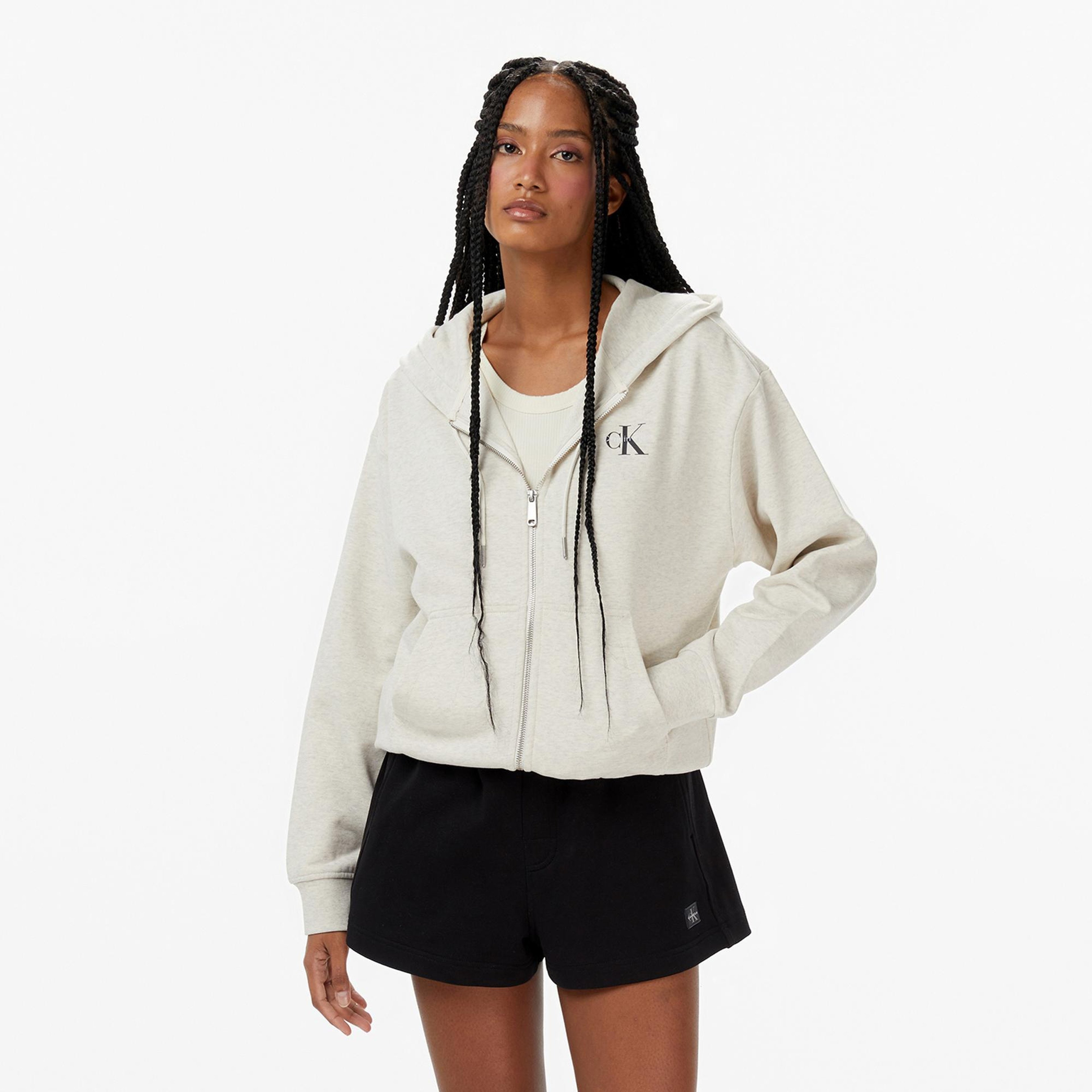 Calvin Klein Monologo French Terry Kadın Krem Rengi Sweatshirt