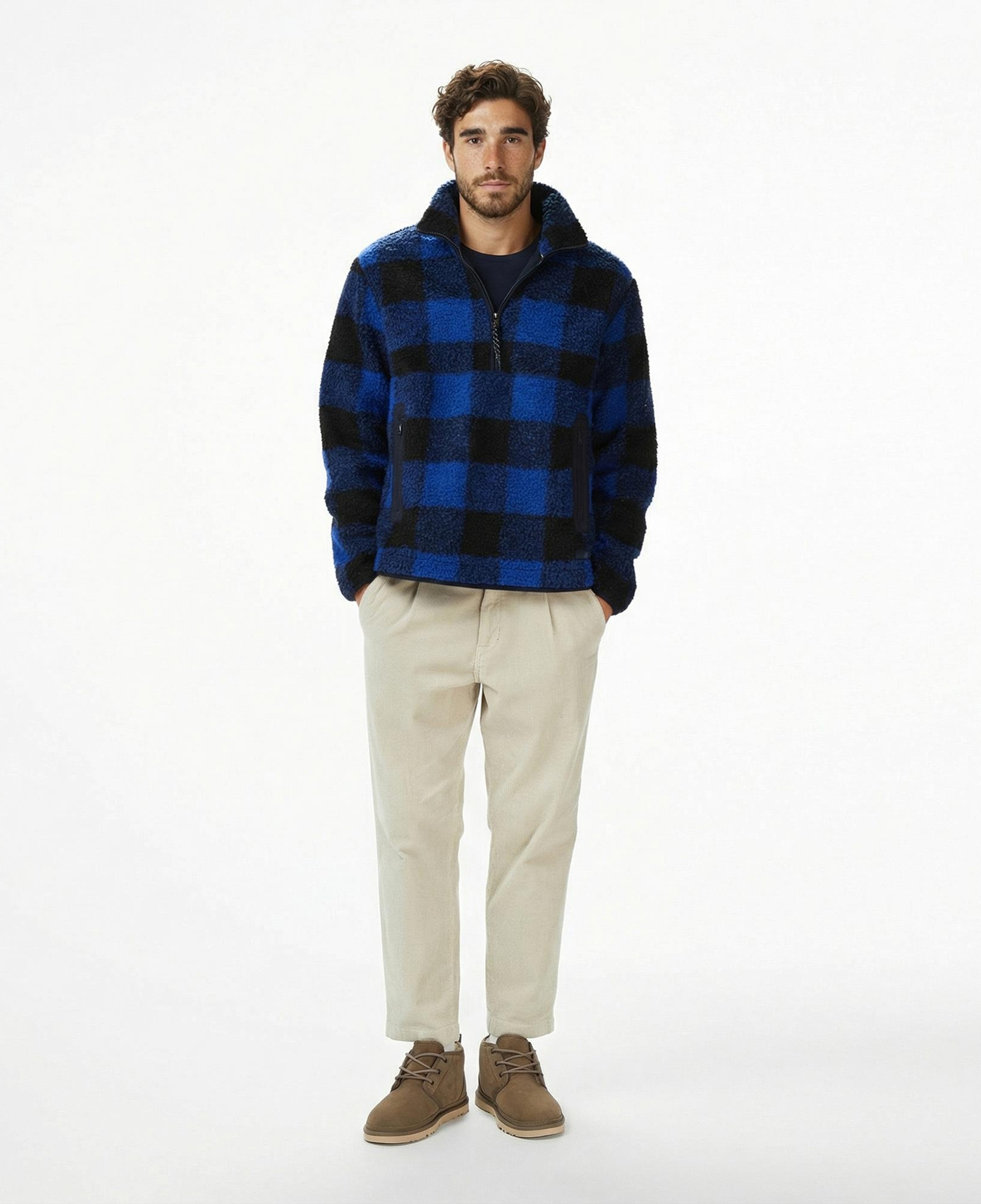 Tommy Hilfiger Teddy Fleece Check Pull Over Erkek Mavi Sweatshirt