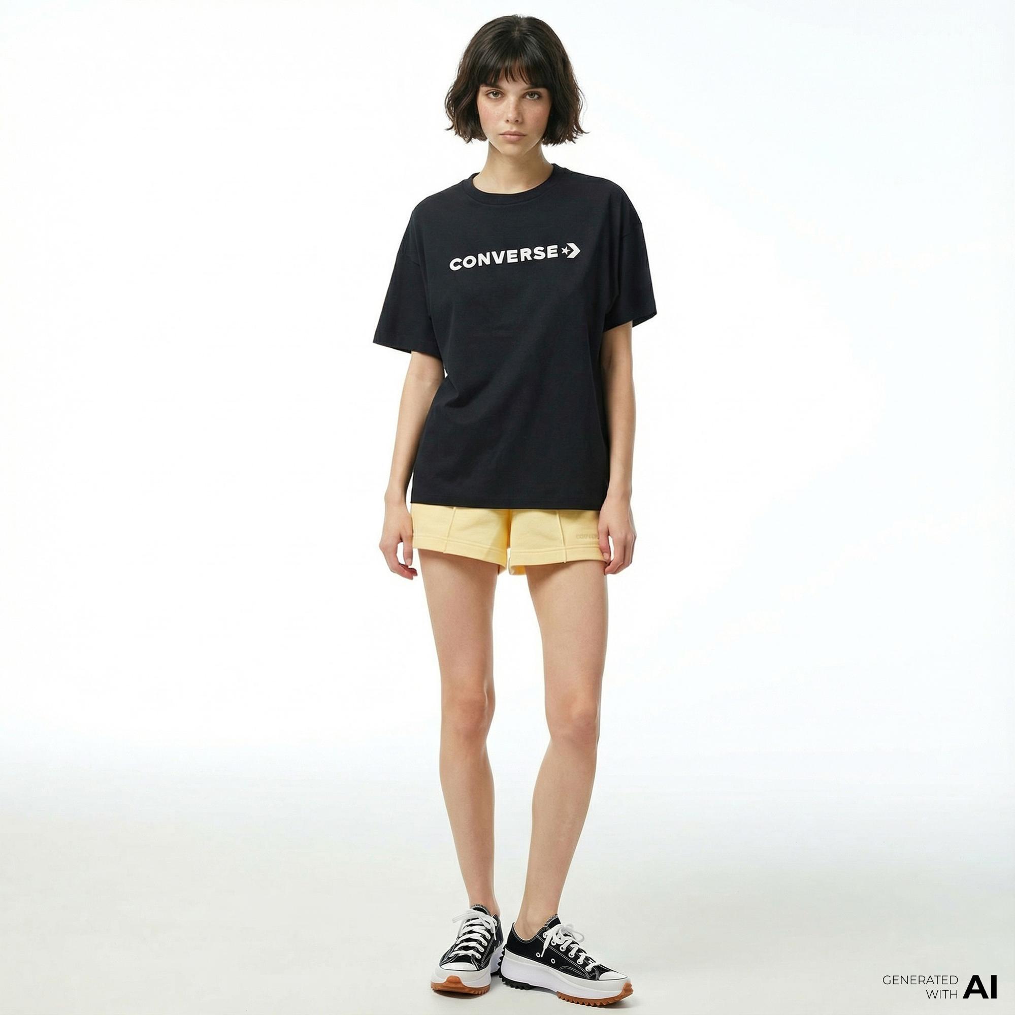 Converse Wordmark Relaxed Fit Baskılı Kadın Siyah T-Shirt