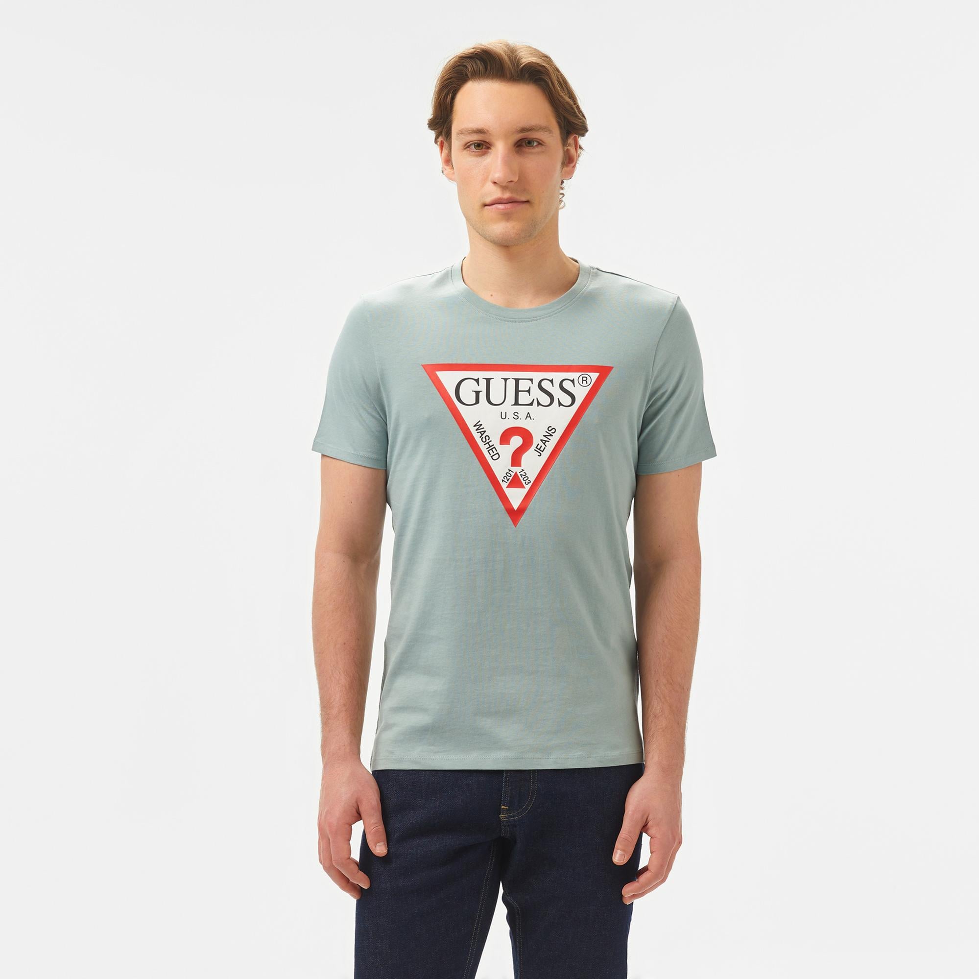 Guess Original Logo Mid Organic Stream Jersey Erkek Gri T-Shirt