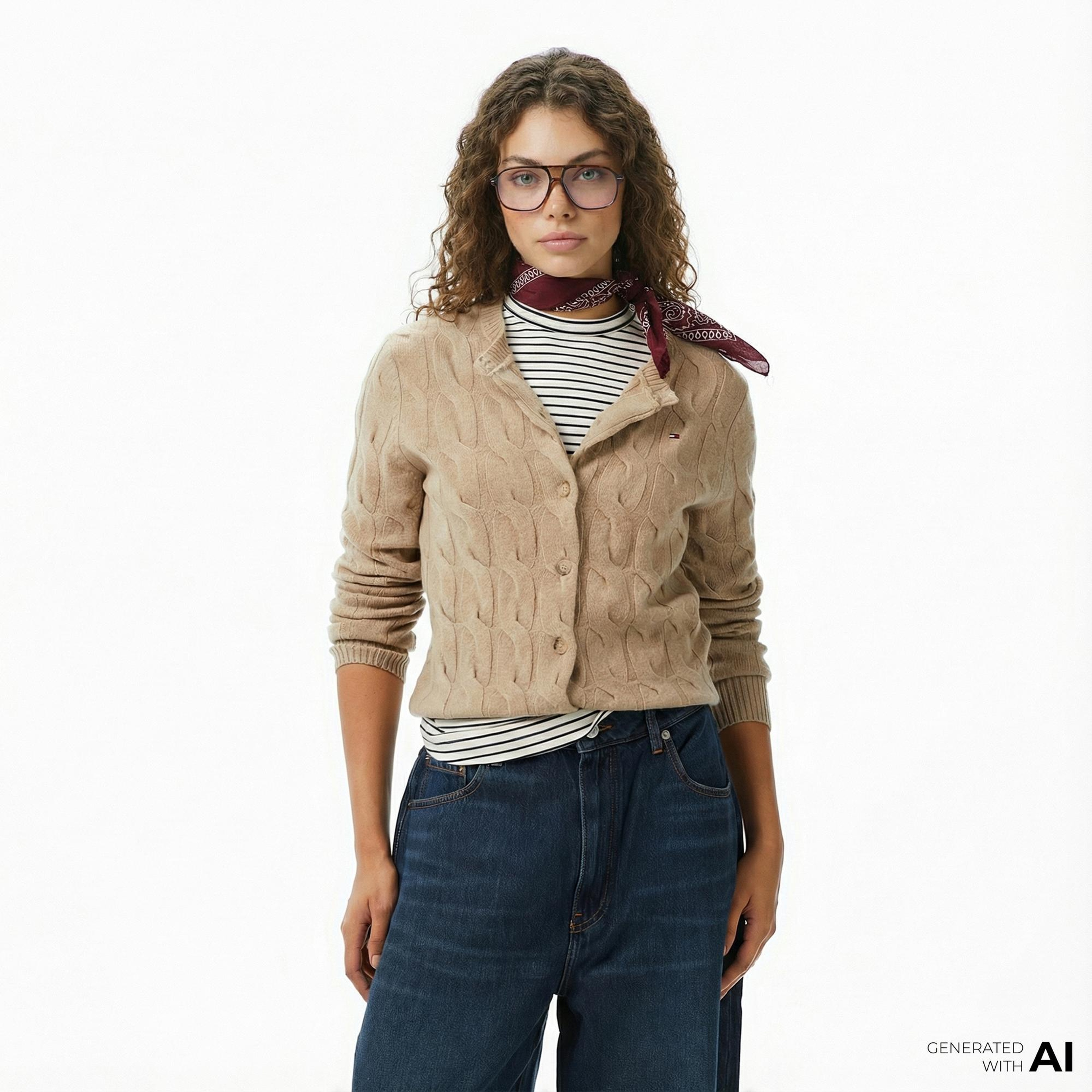 Tommy Hilfiger Soft Wool Cable Cardigan Kadın Bej Hırka