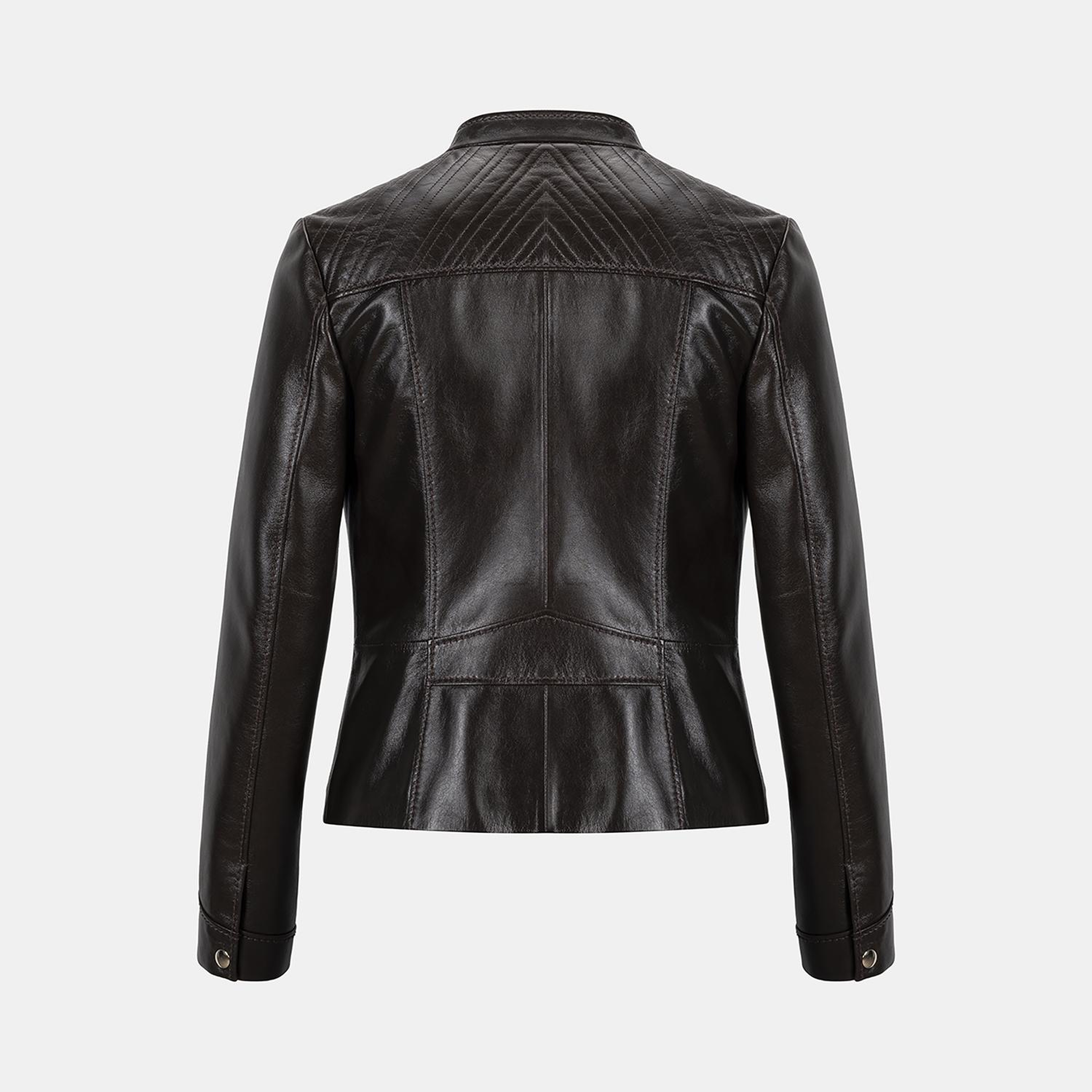 Kadın Koyu Kahve Hakim Yakalı Fit Deri Ceket