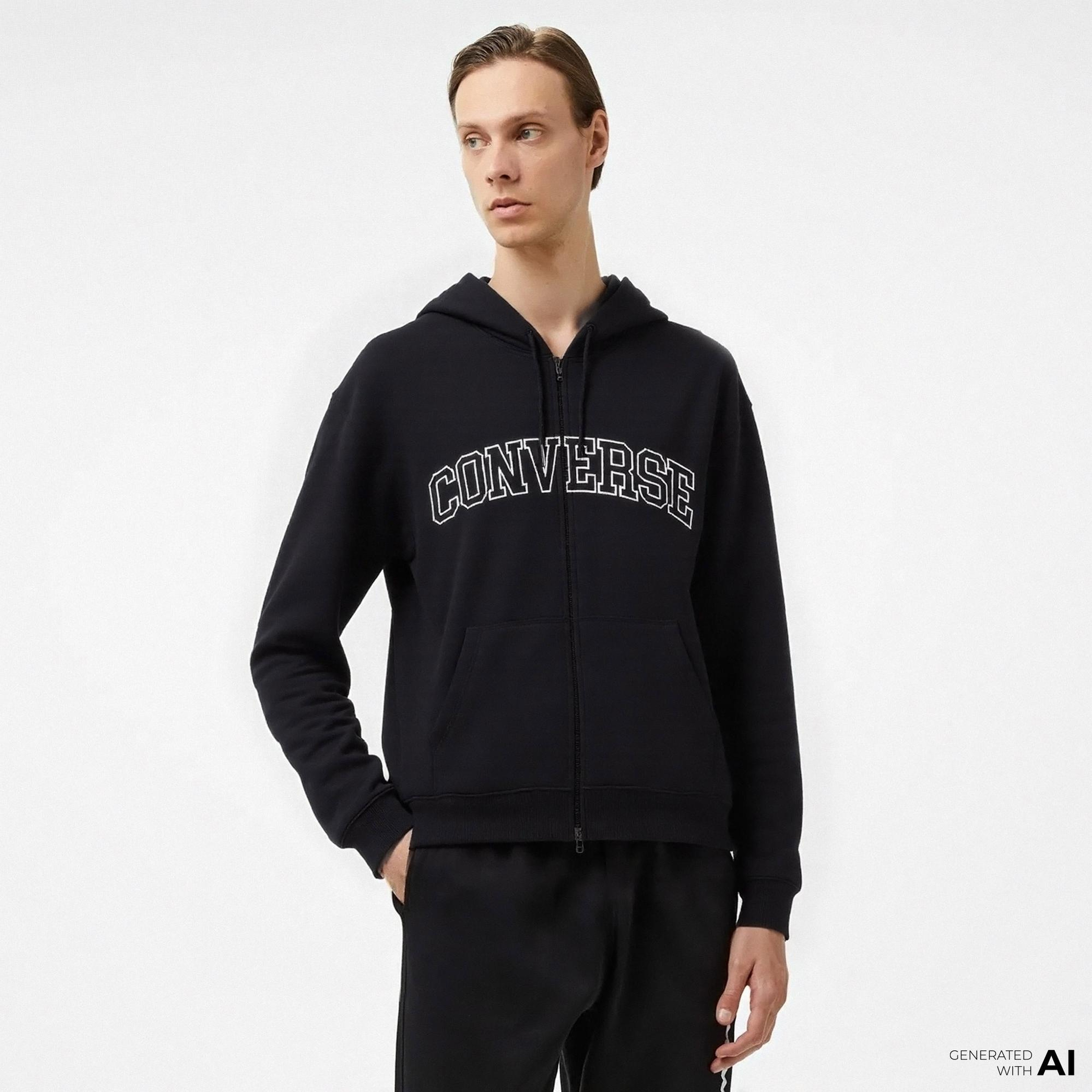 Converse Classic Erkek Fermuarlı Siyah Hoodie