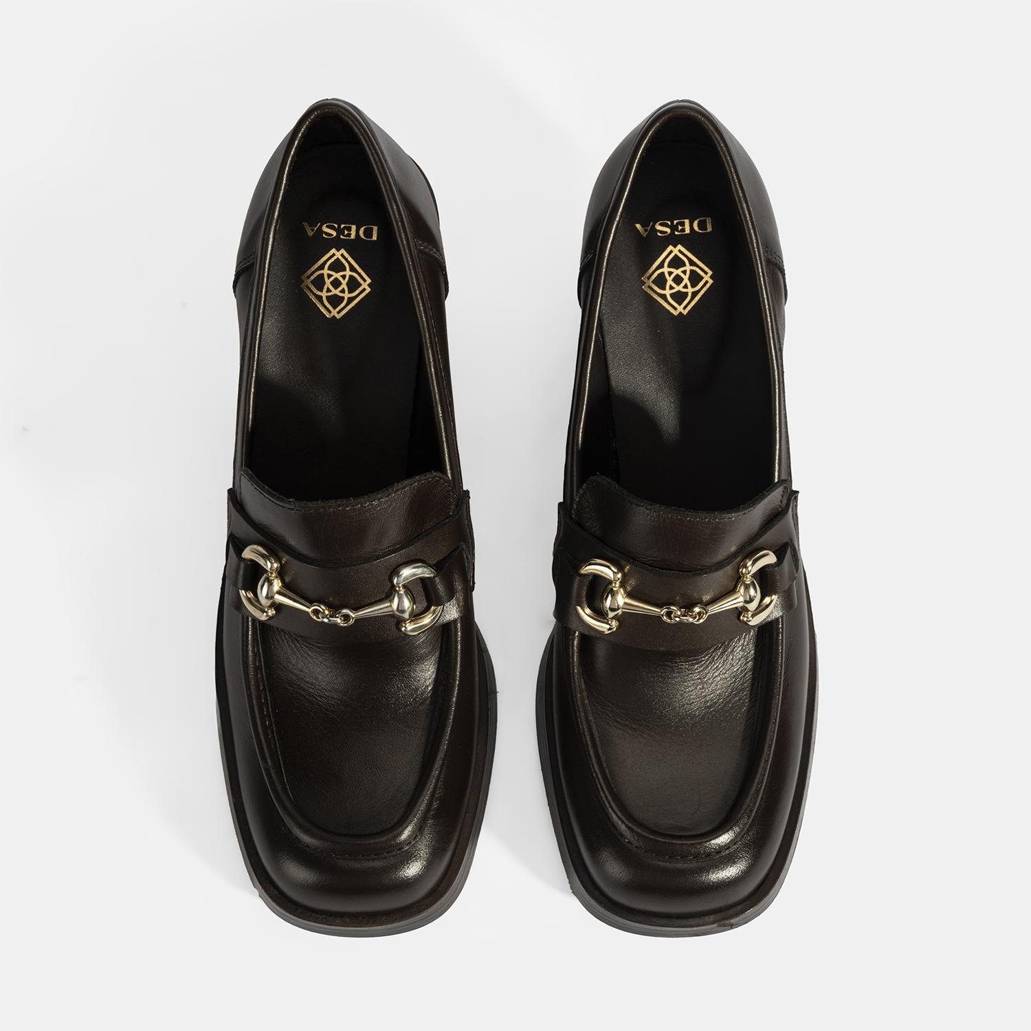 Kadın Kahve Metal Toka Detaylı Kalın Topuklu Loafer