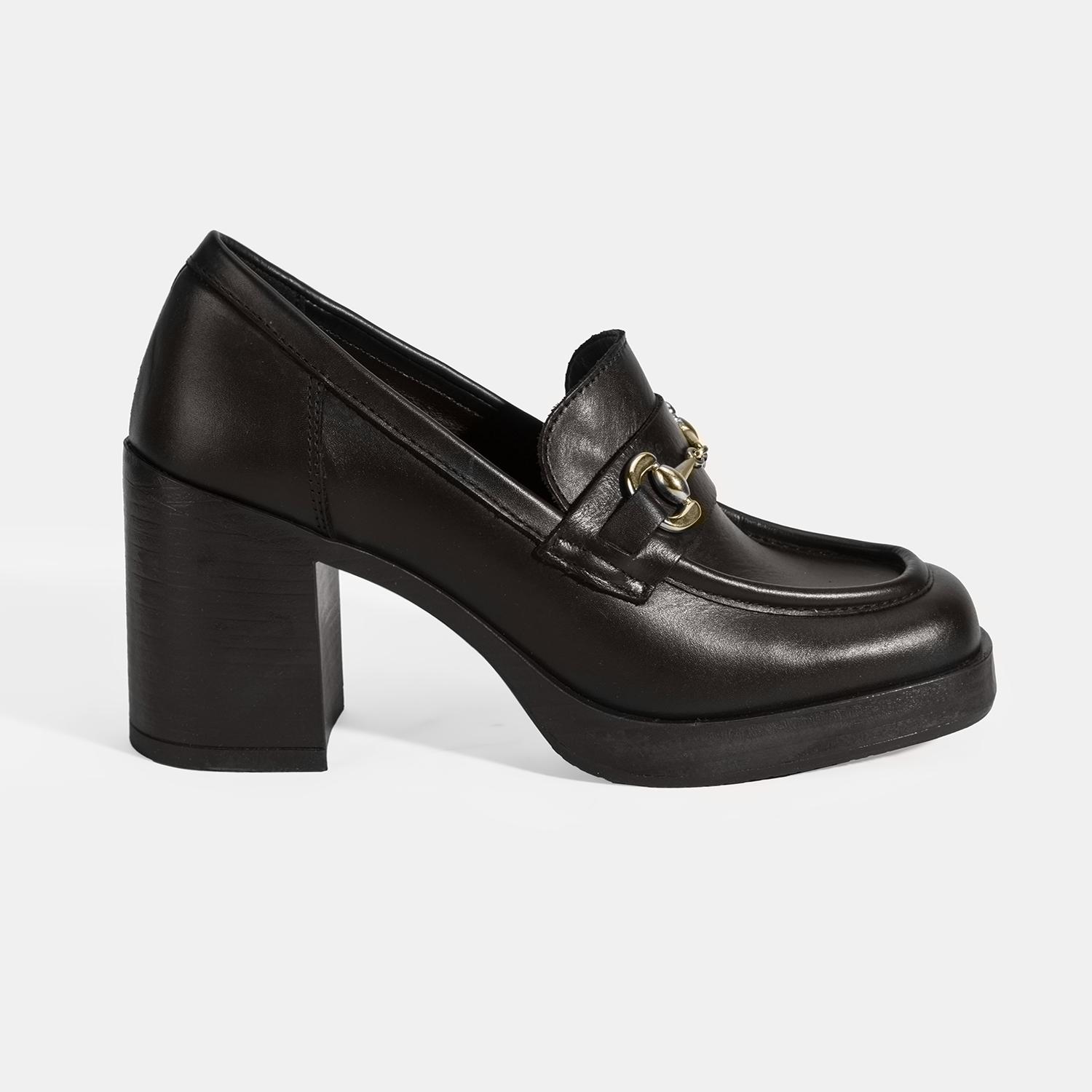 Kadın Kahve Metal Toka Detaylı Kalın Topuklu Loafer