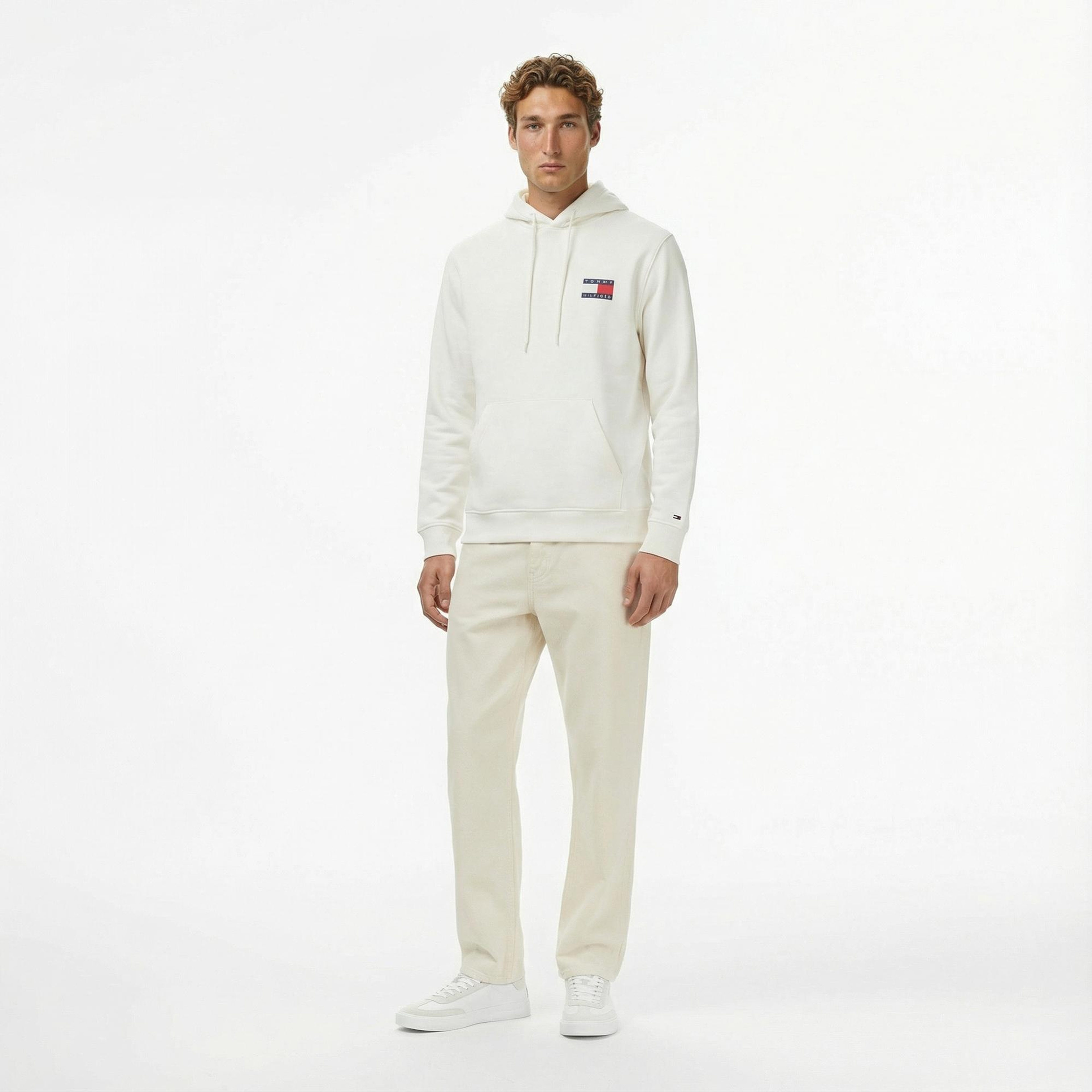 Tommy Jeans Regular Essential Flag Erkek Beyaz Hoodie