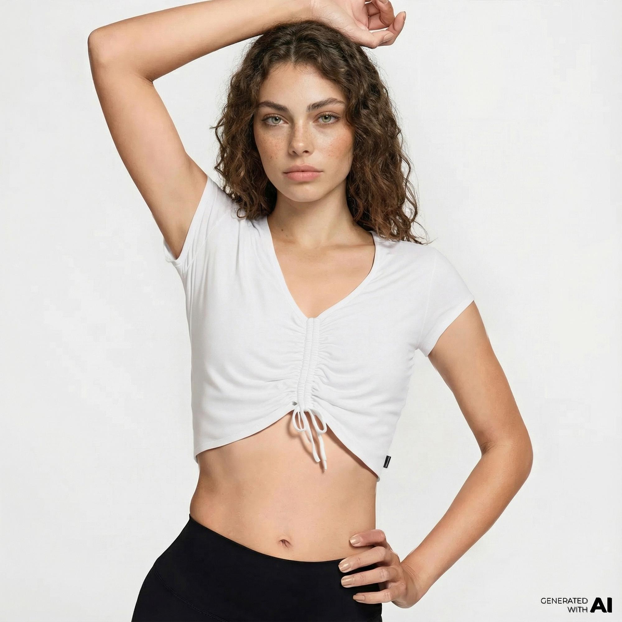 Converse Classic Kadın Slim Fit V Yaka Büzgülü Beyaz T-Shirt