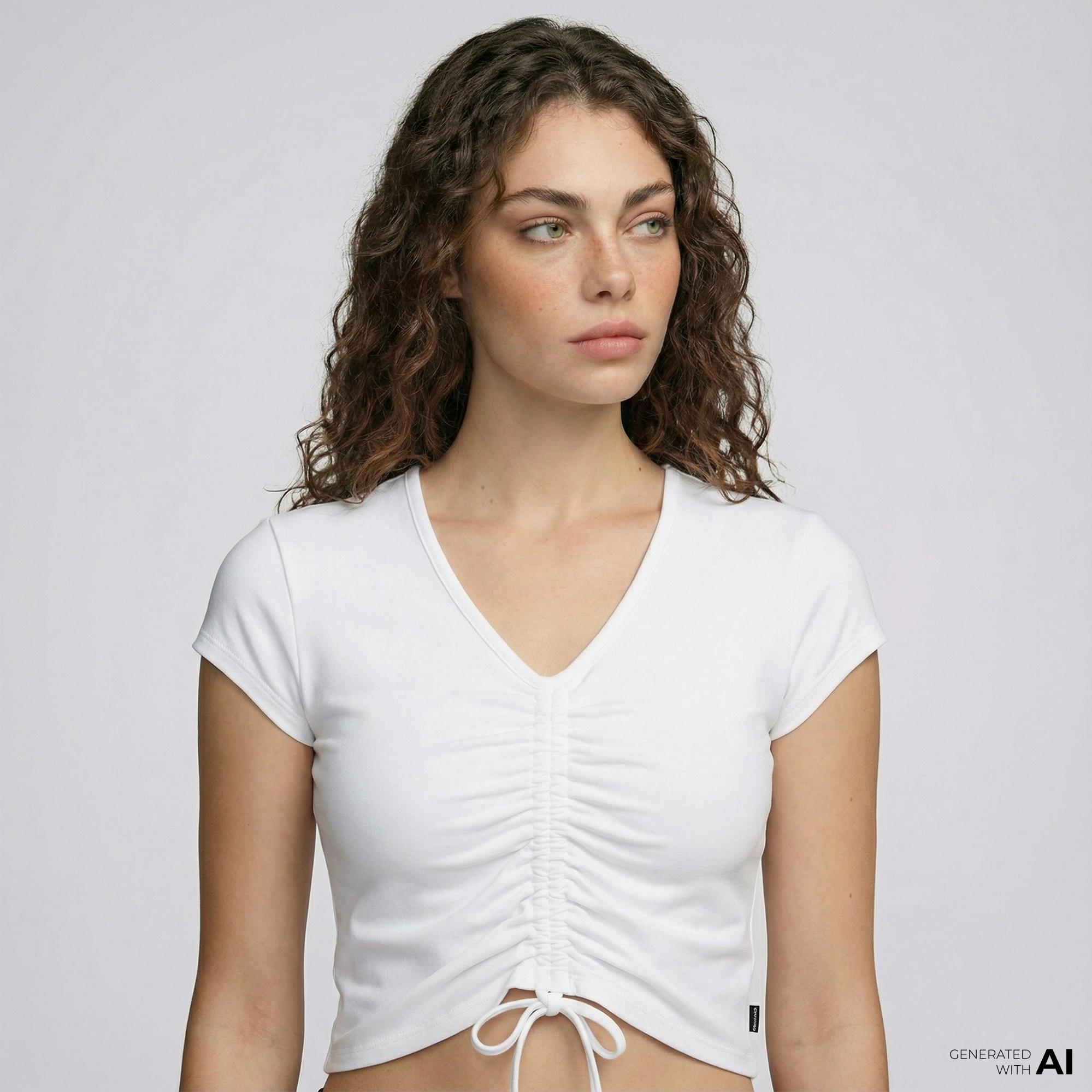 Converse Classic Kadın Slim Fit V Yaka Büzgülü Beyaz T-Shirt