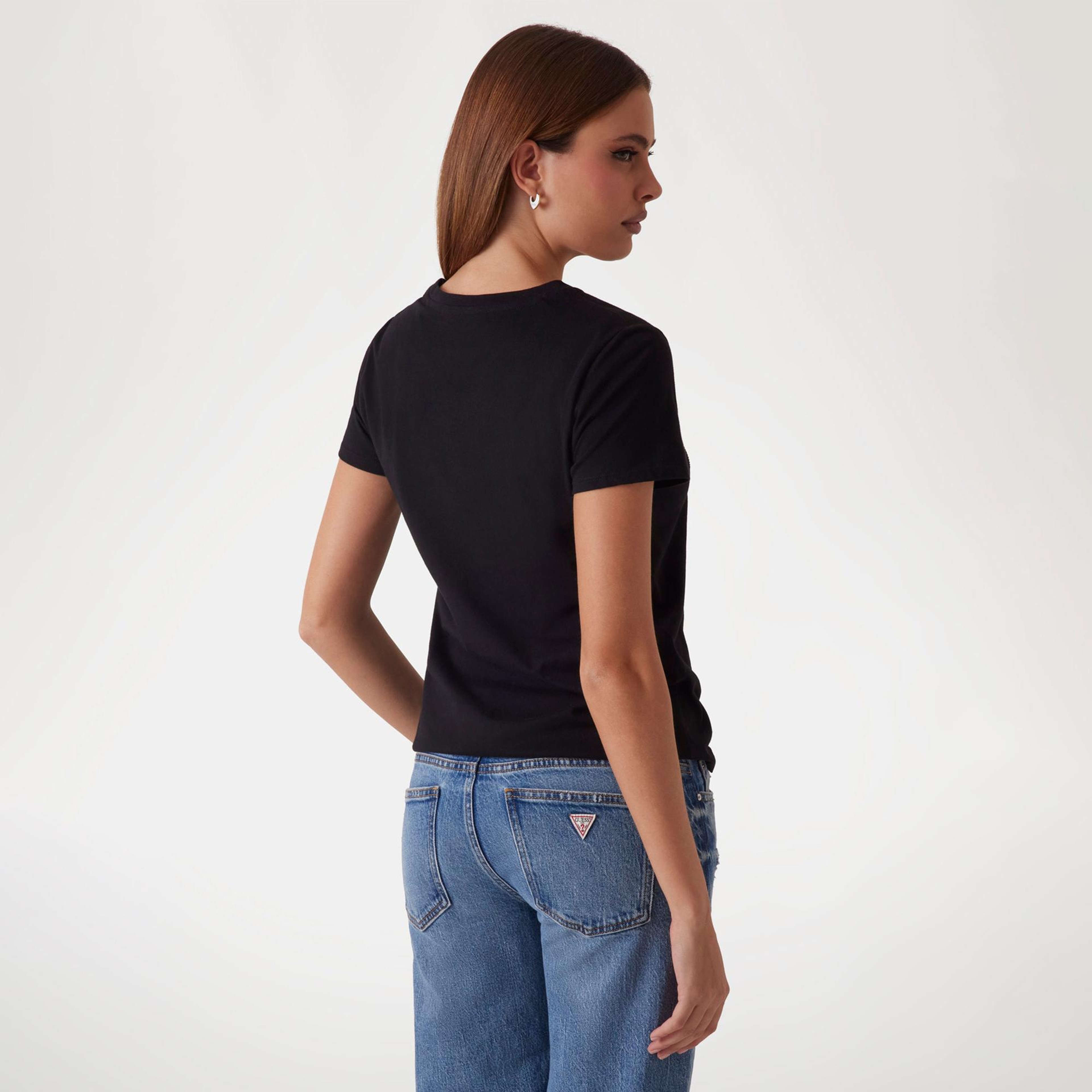 Guess Script Lace Logo Kadın Siyah T-Shirt