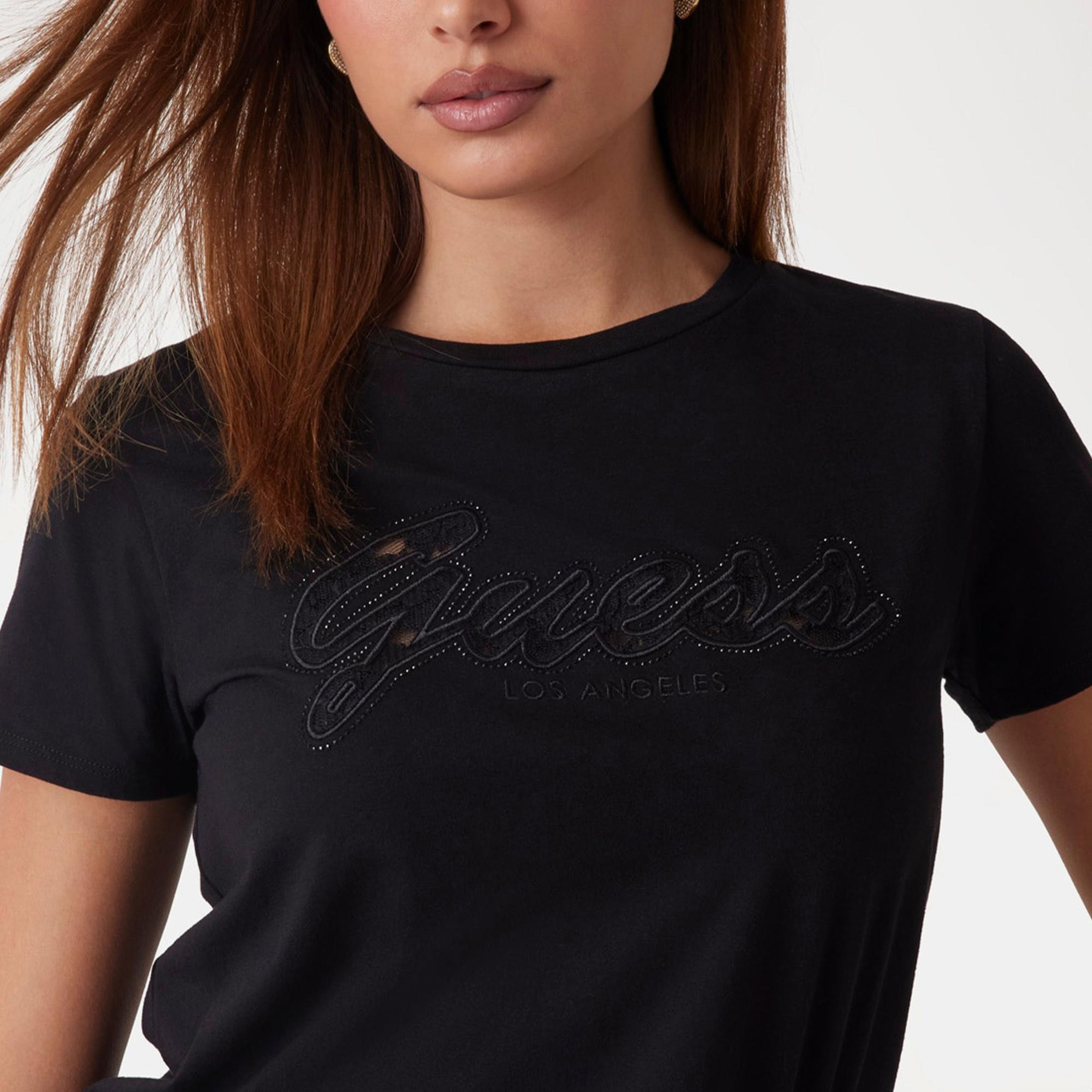 Guess Script Lace Logo Kadın Siyah T-Shirt
