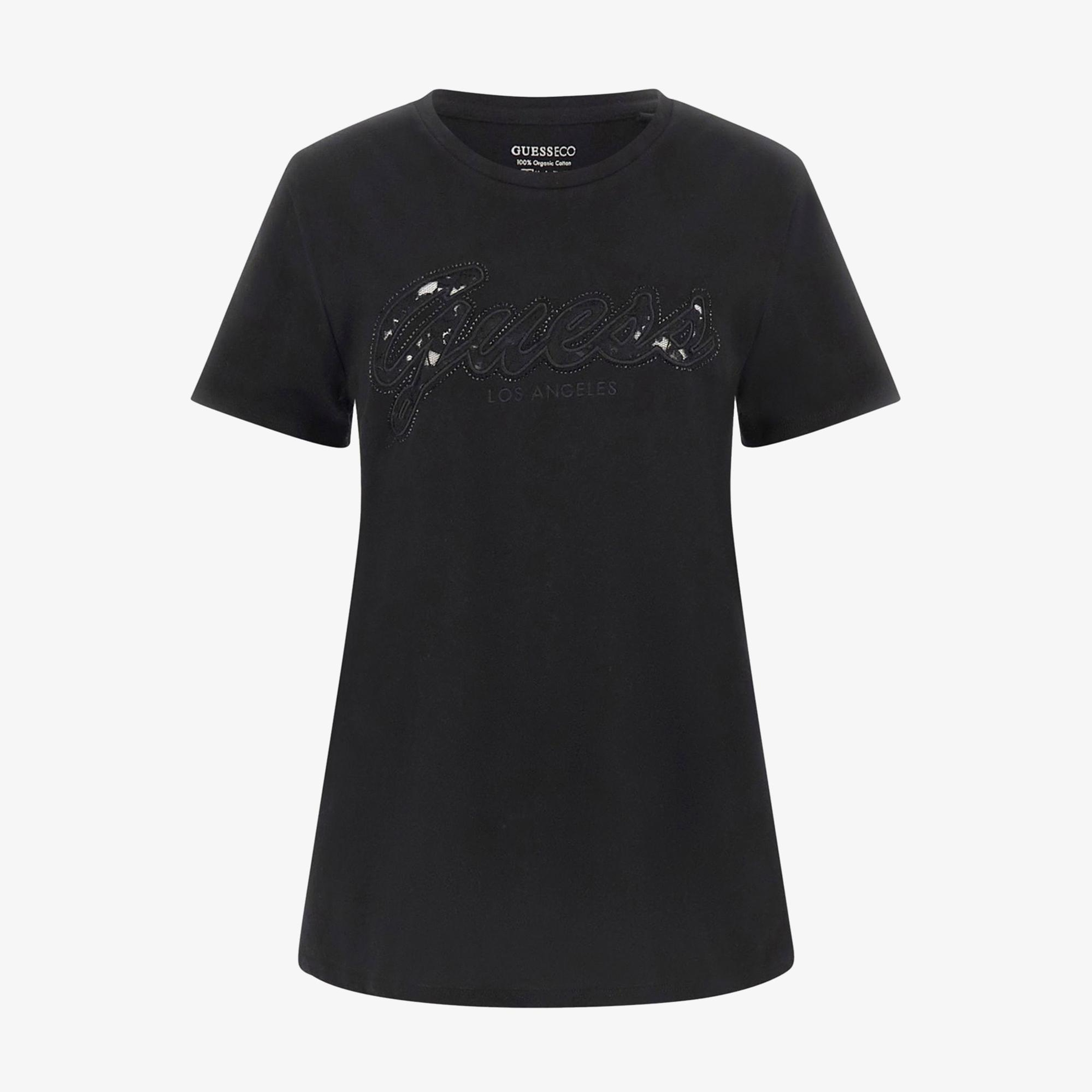 Guess Script Lace Logo Kadın Siyah T-Shirt