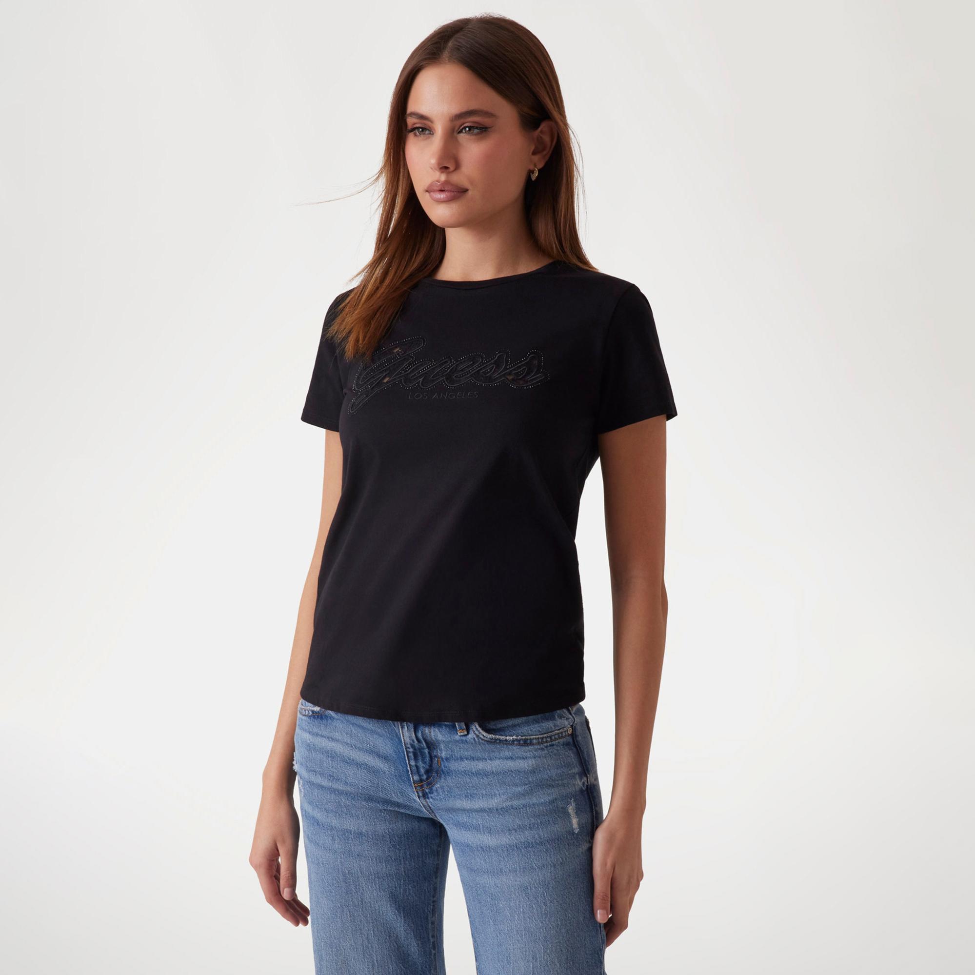 Guess Script Lace Logo Kadın Siyah T-Shirt