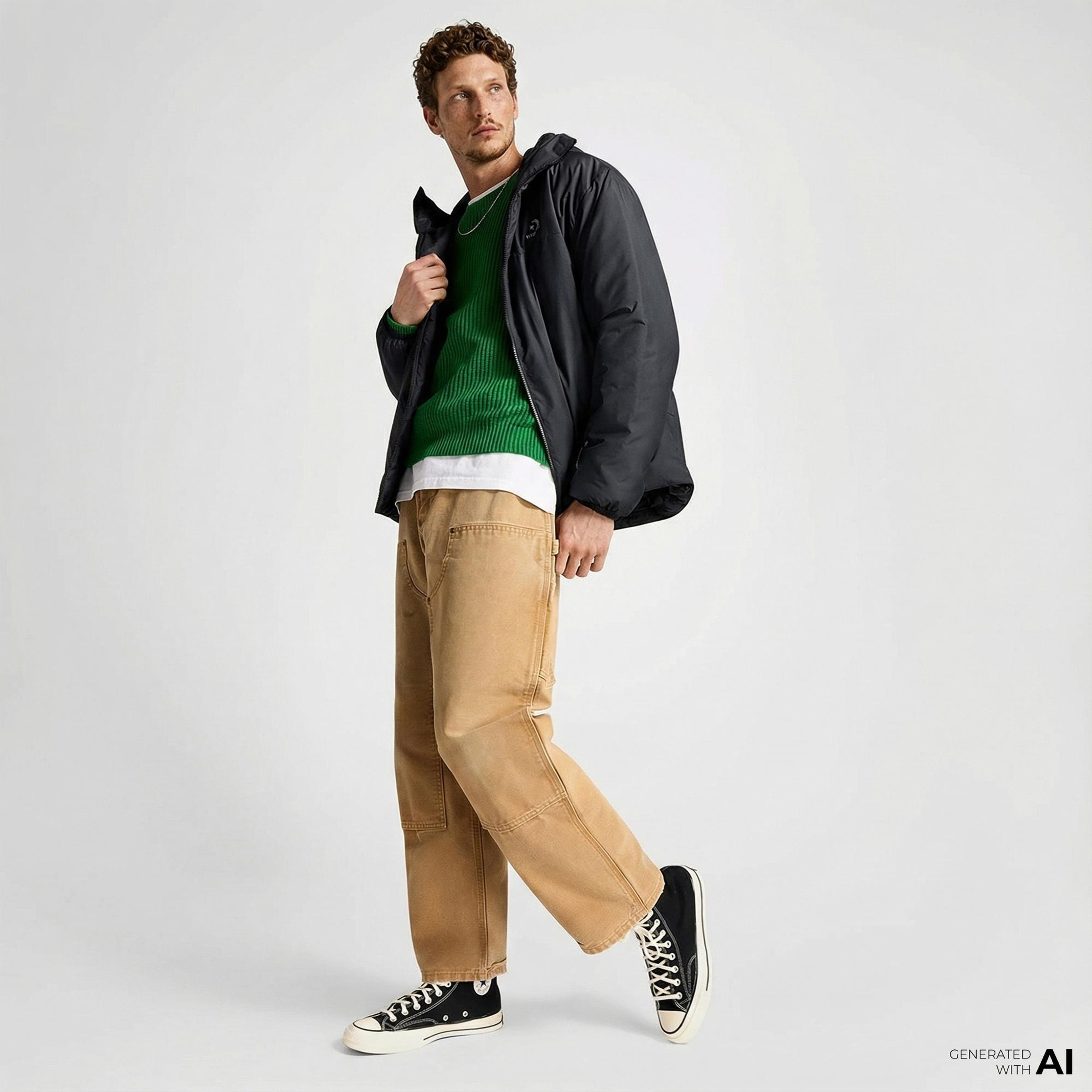 Converse Erkek Kapüşonlu Renk Bloklu Siyah Mont