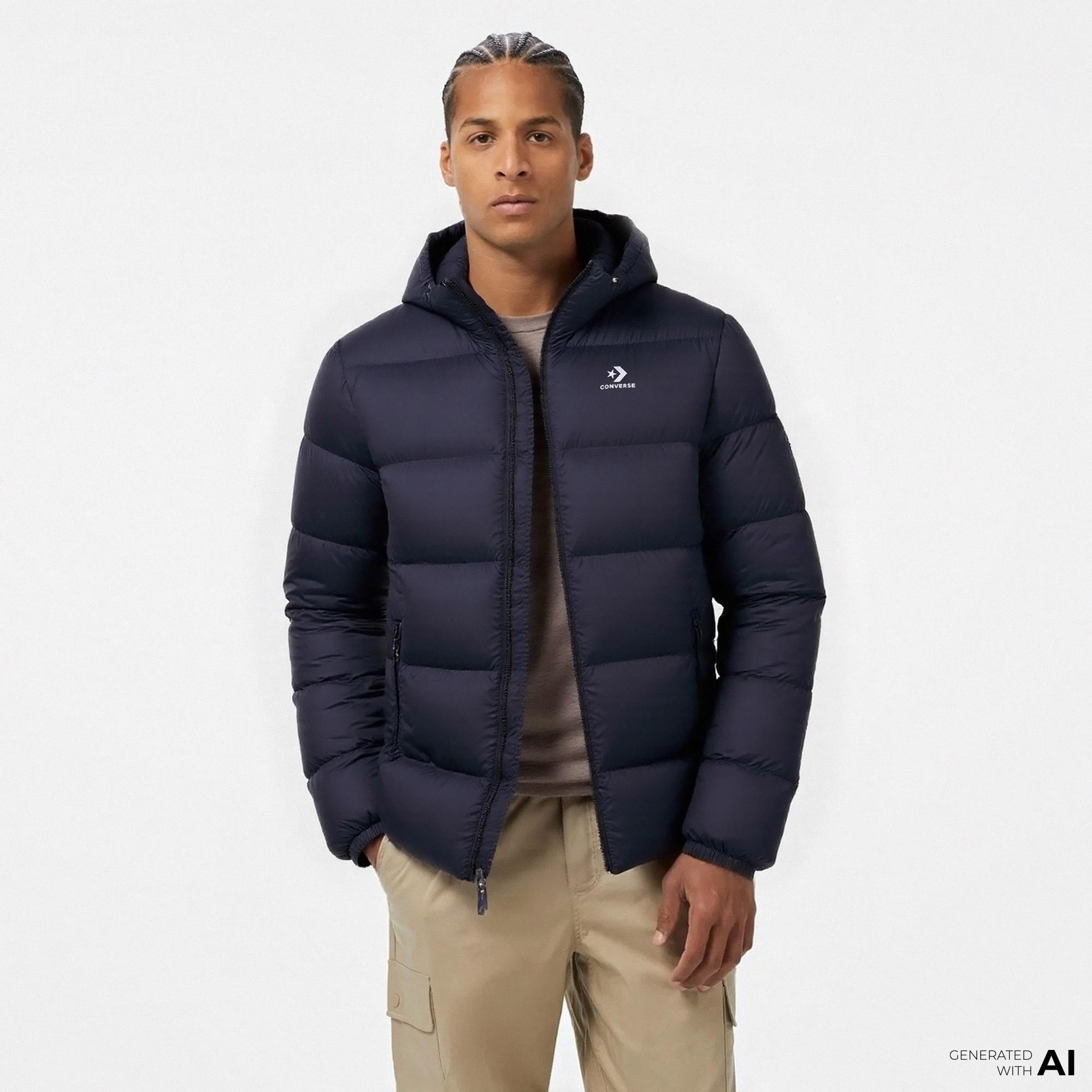 Converse Erkek Kapüşonlu Lacivert Şişme Mont