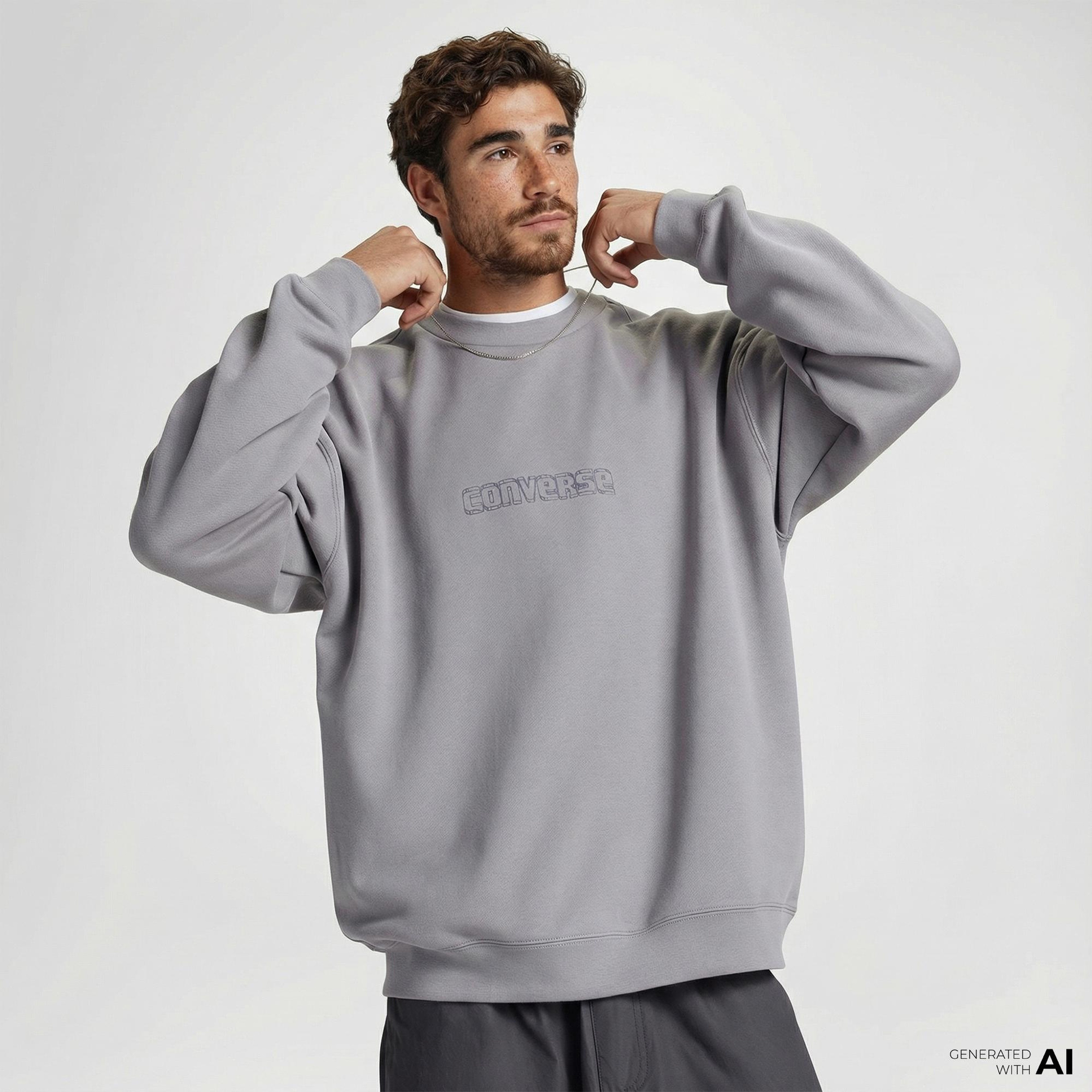 Converse Erkek Loose Fit Baskılı Gri Sweatshirt