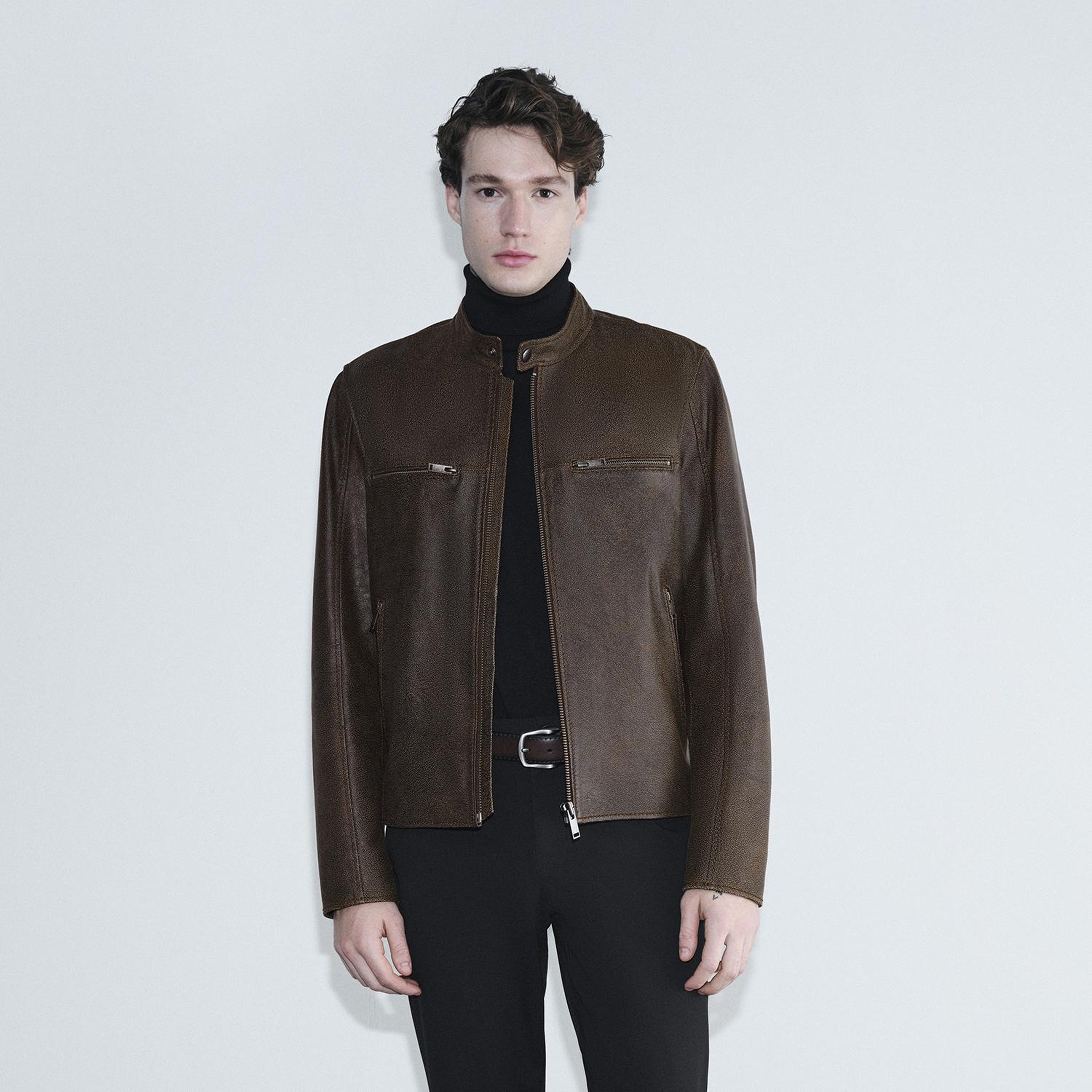 Erkek Kahve Hakim Yakalı Fit Deri Ceket