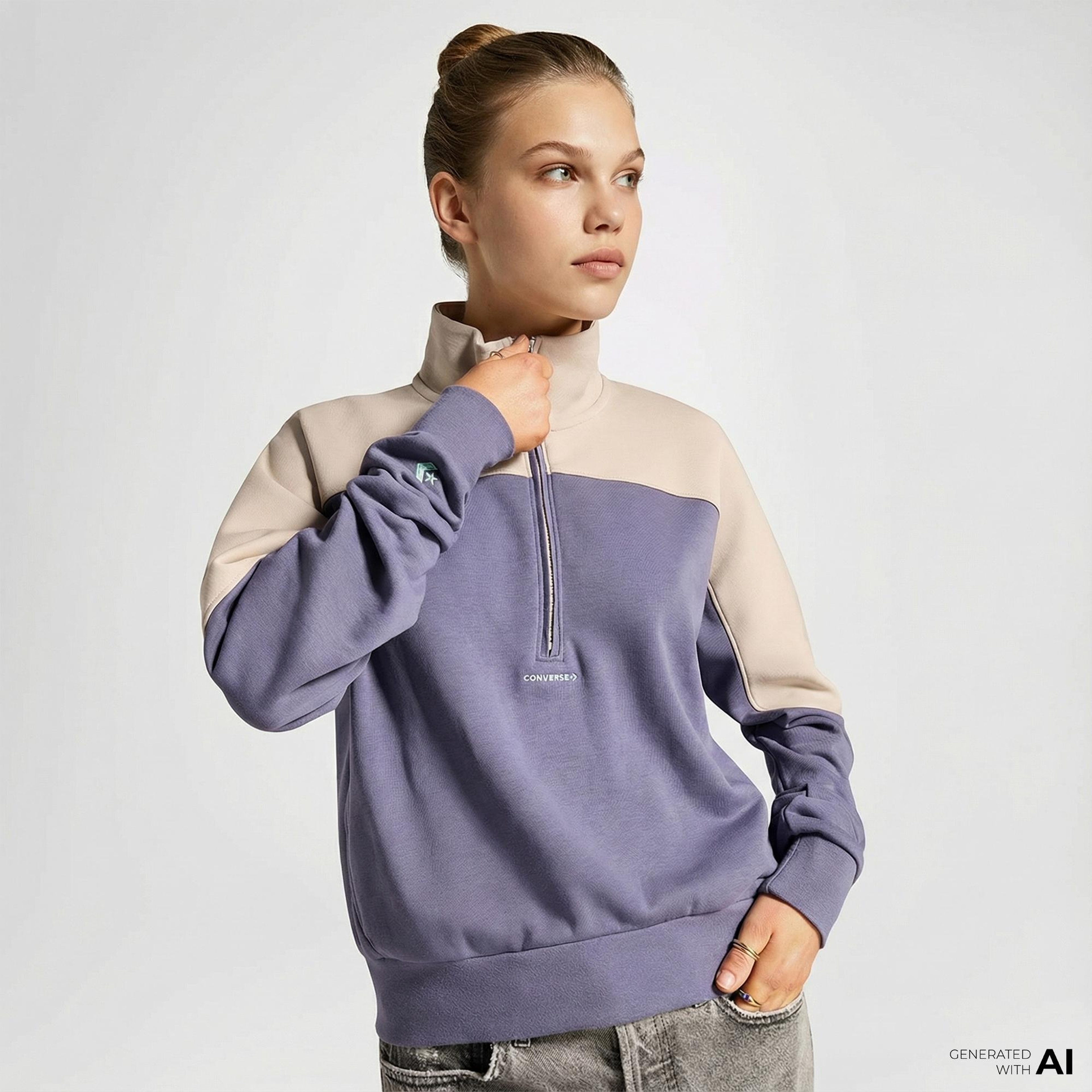 Converse Wordmark 1/2 Zip Kadın Mor Sweatshirt