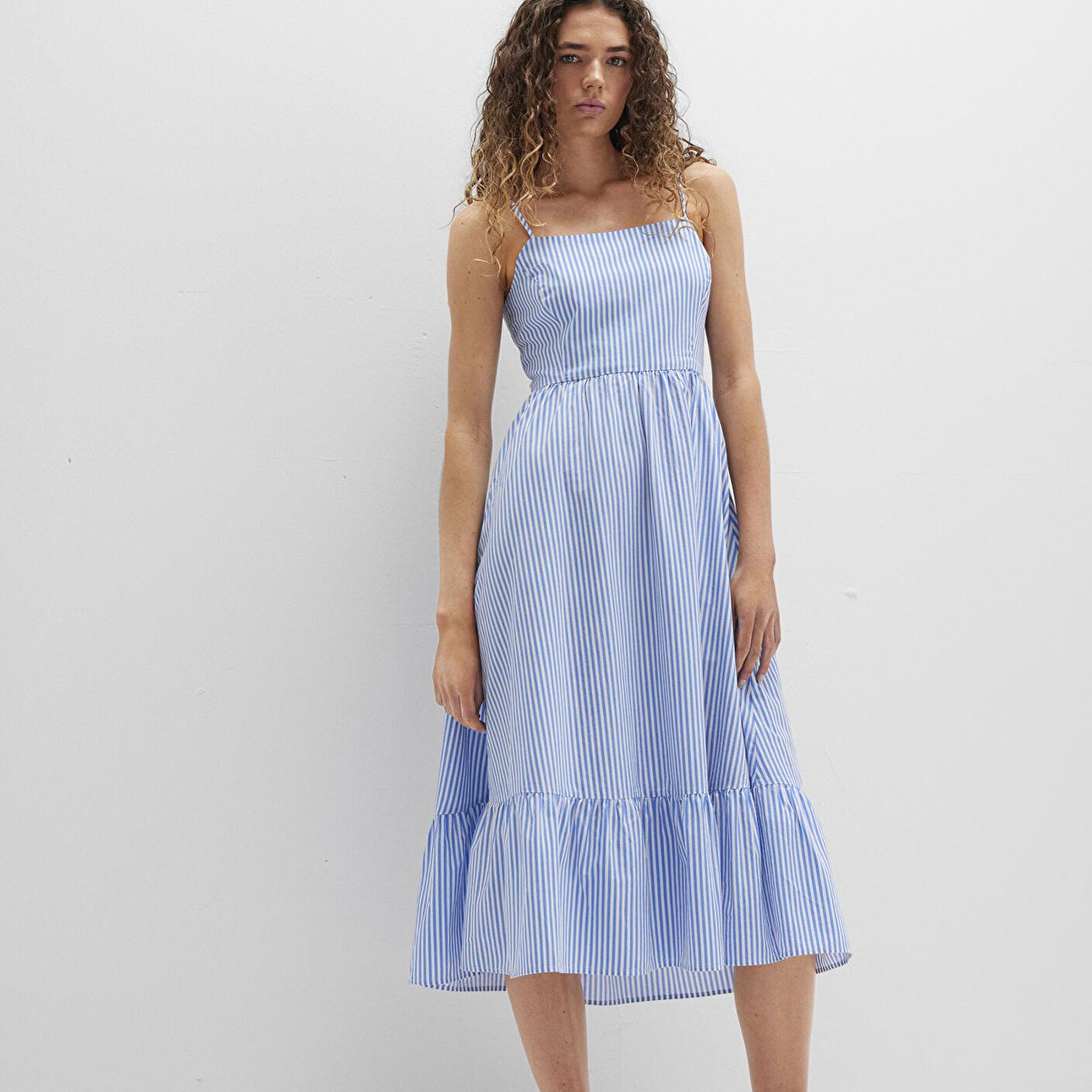 Mavi Fiyonk Detaylı Çizgili Mavi Elbise 1310795-86599