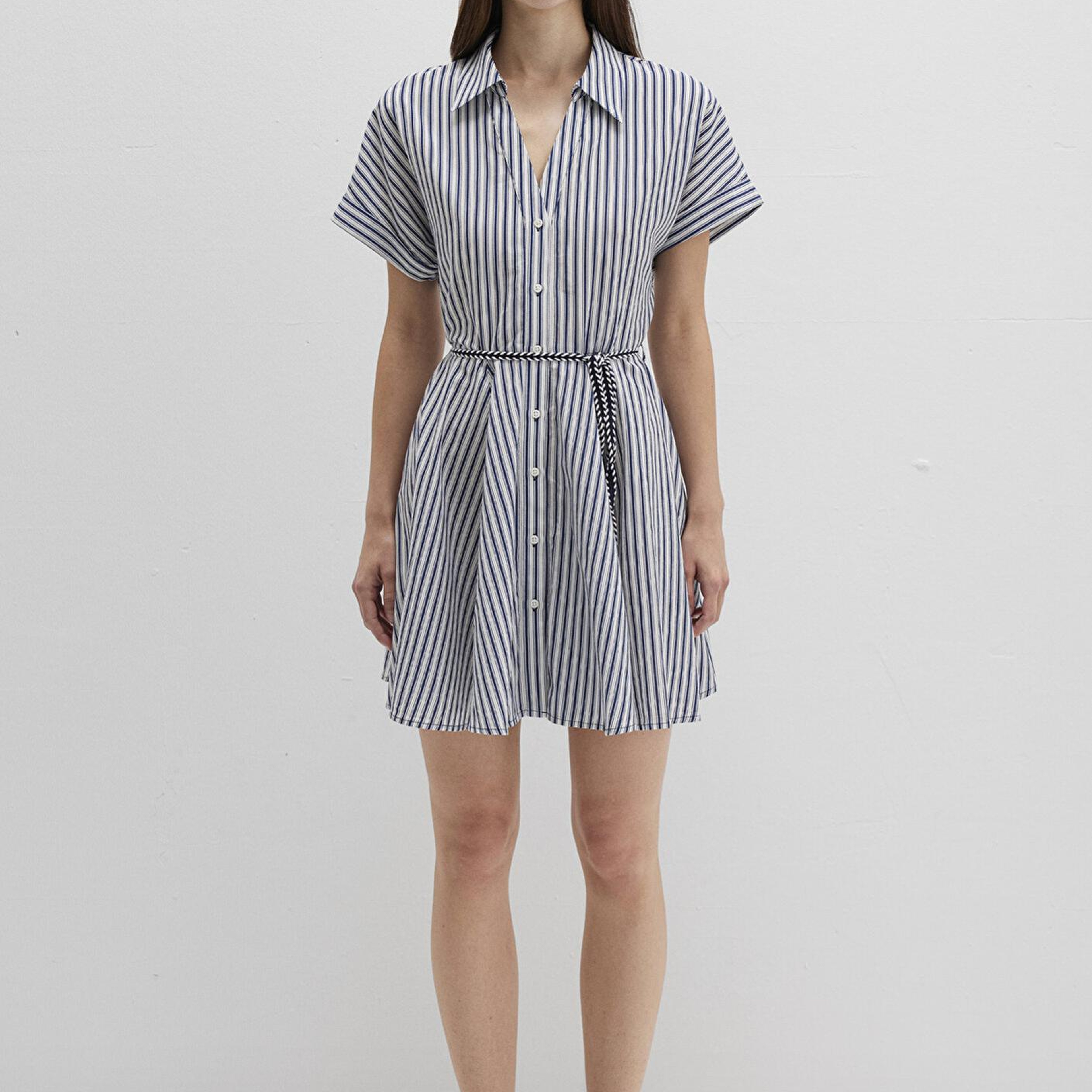 Mavi Çizgili Beli Bağcıklı Mini Elbise 1310763-91086