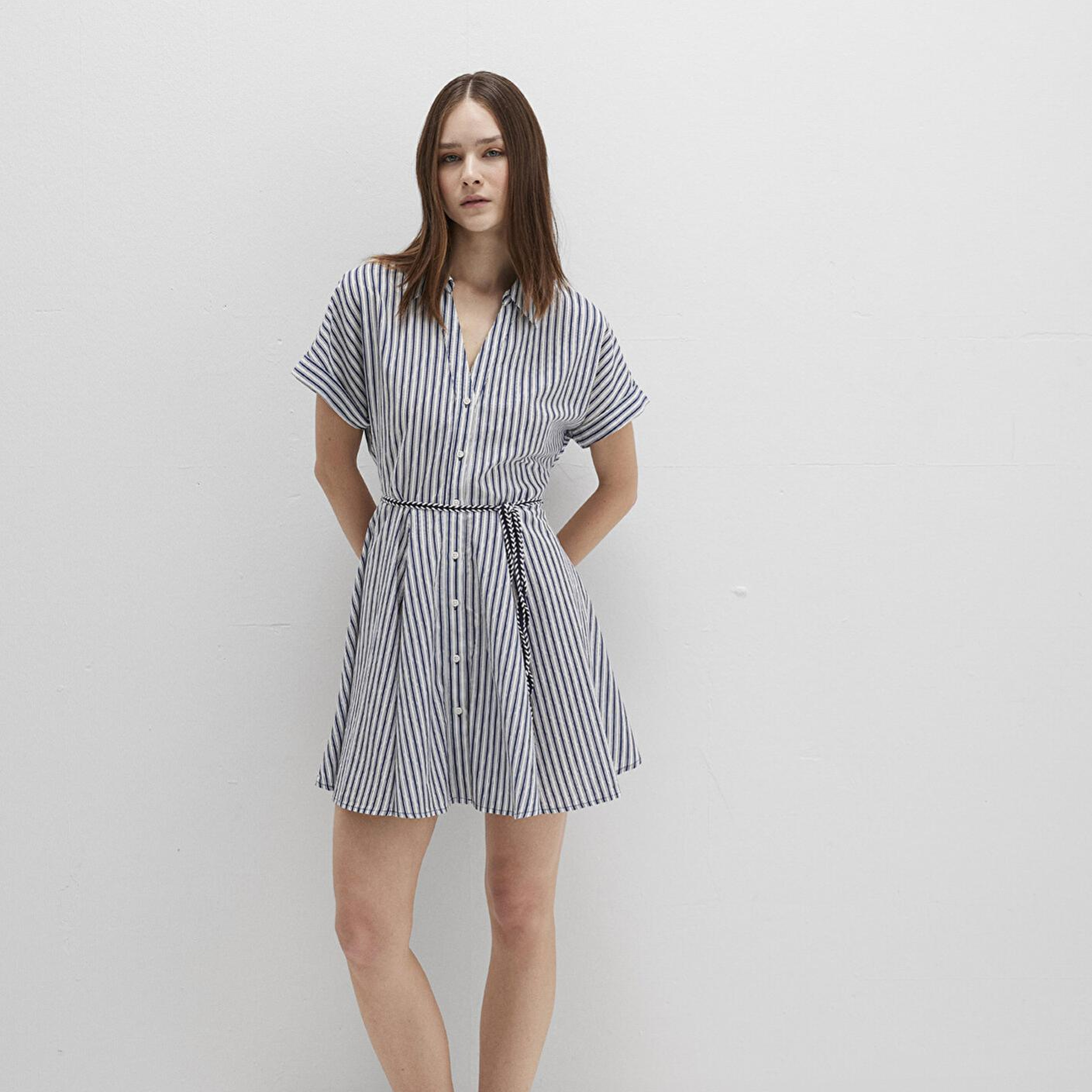 Mavi Çizgili Beli Bağcıklı Mini Elbise 1310763-91086