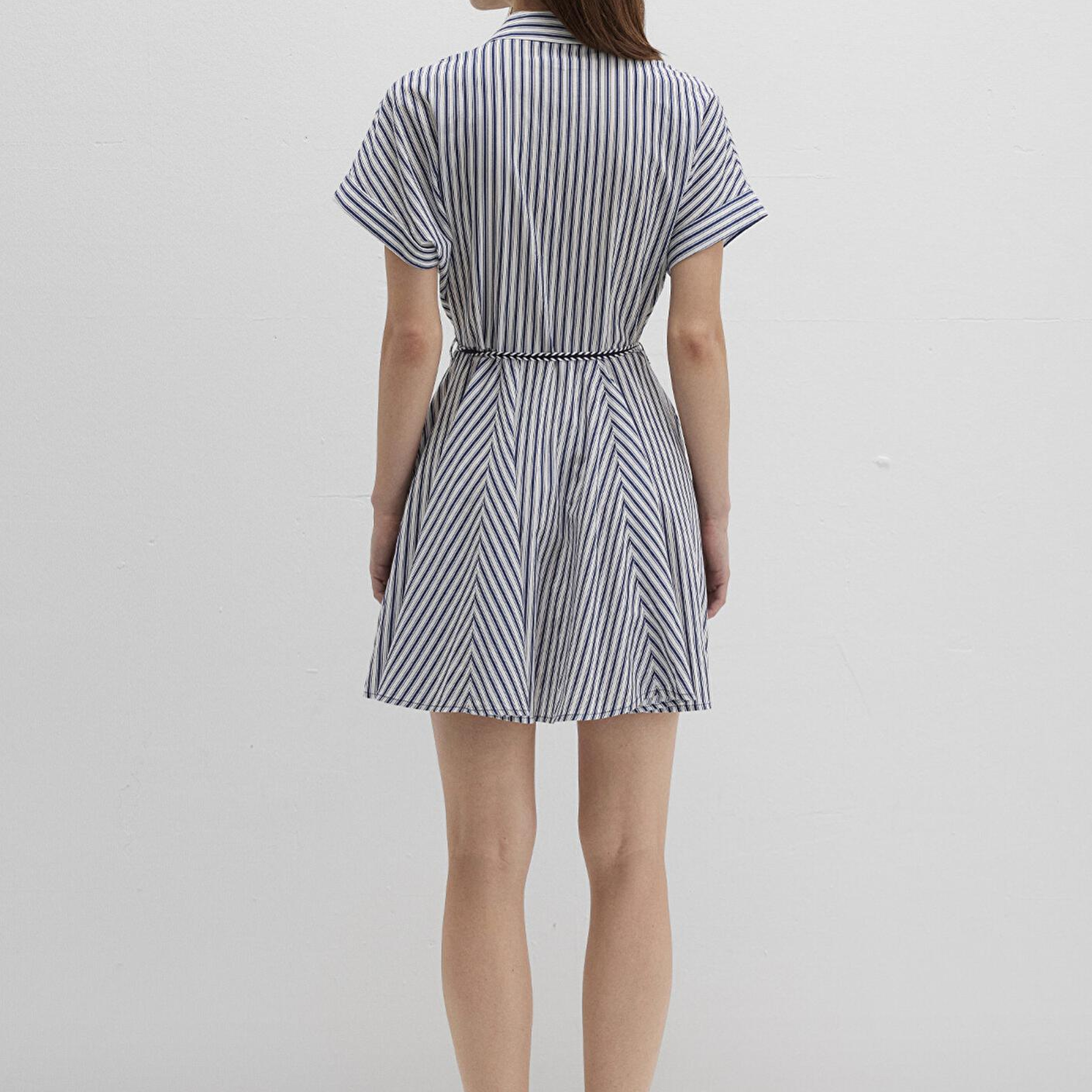 Mavi Çizgili Beli Bağcıklı Mini Elbise 1310763-91086