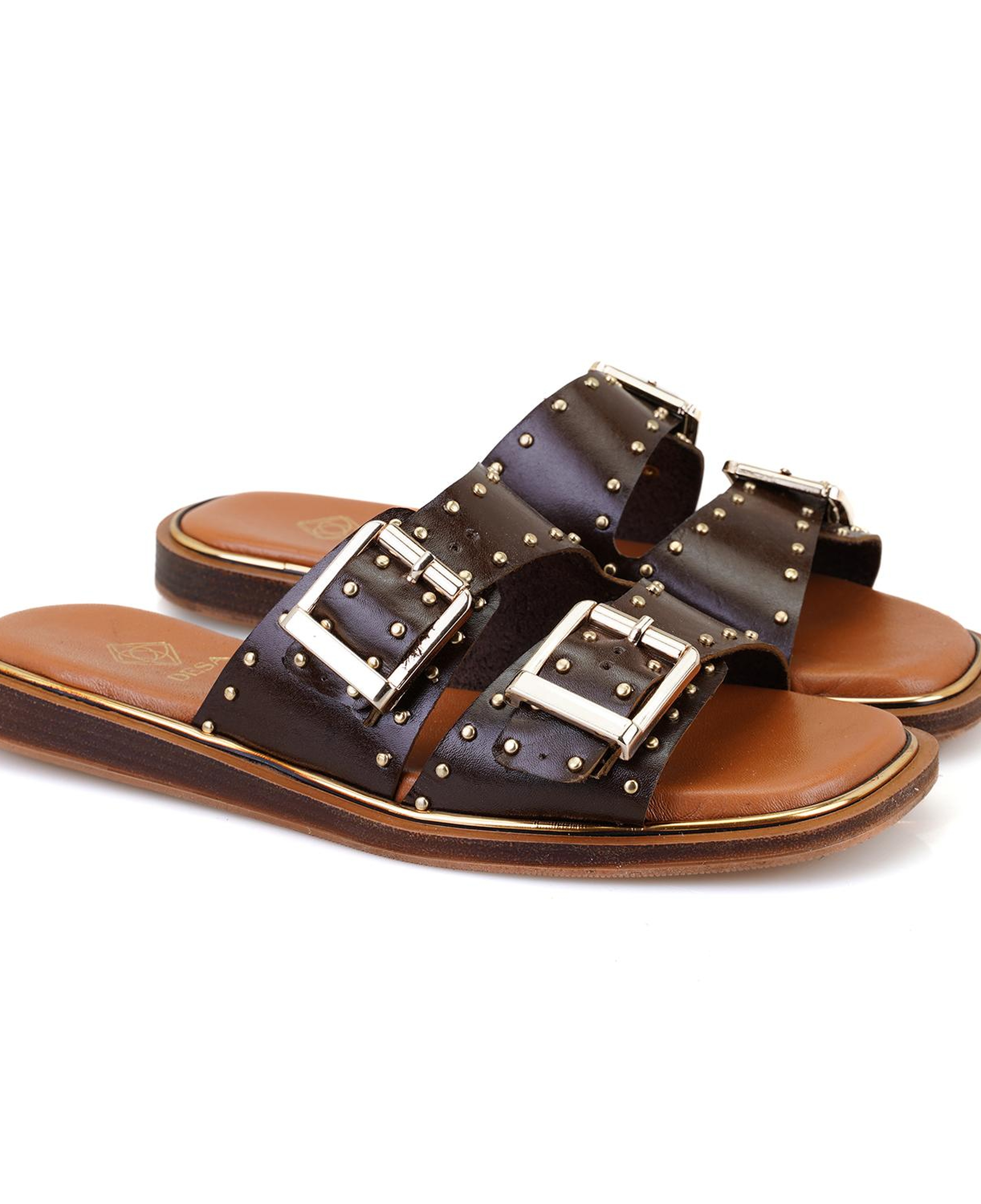 Kahve Kadın Ayarlanabilir Tokalı Deri Terlik